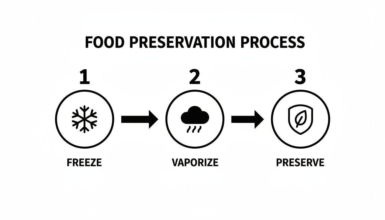 Flowchart illustrating a food preservation process, detailing steps like freezing, vaporizing, and preserving.