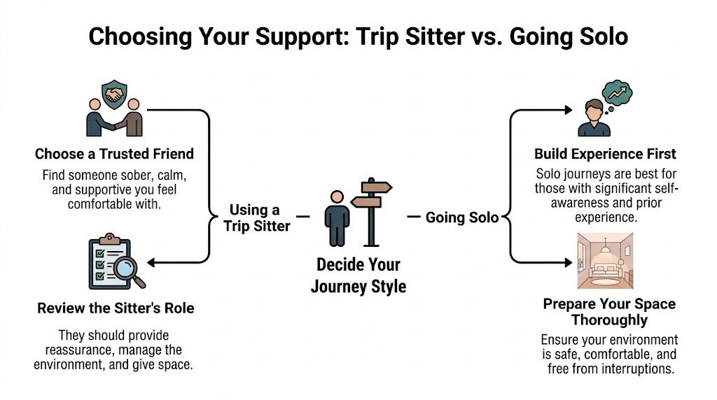 A diagram outlining the choice between using a trip sitter or going solo for safety.