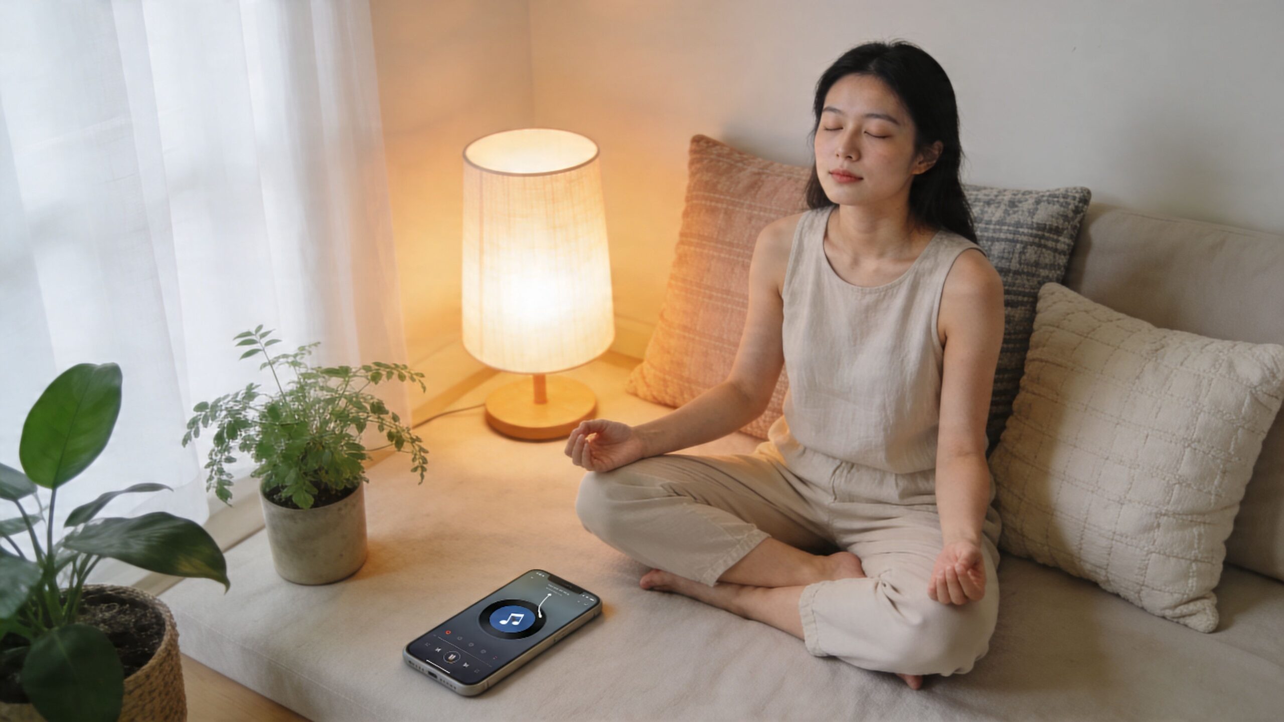 A peaceful woman meditating on a cozy sofa next to a lamp, houseplant, and a music smartphone.
