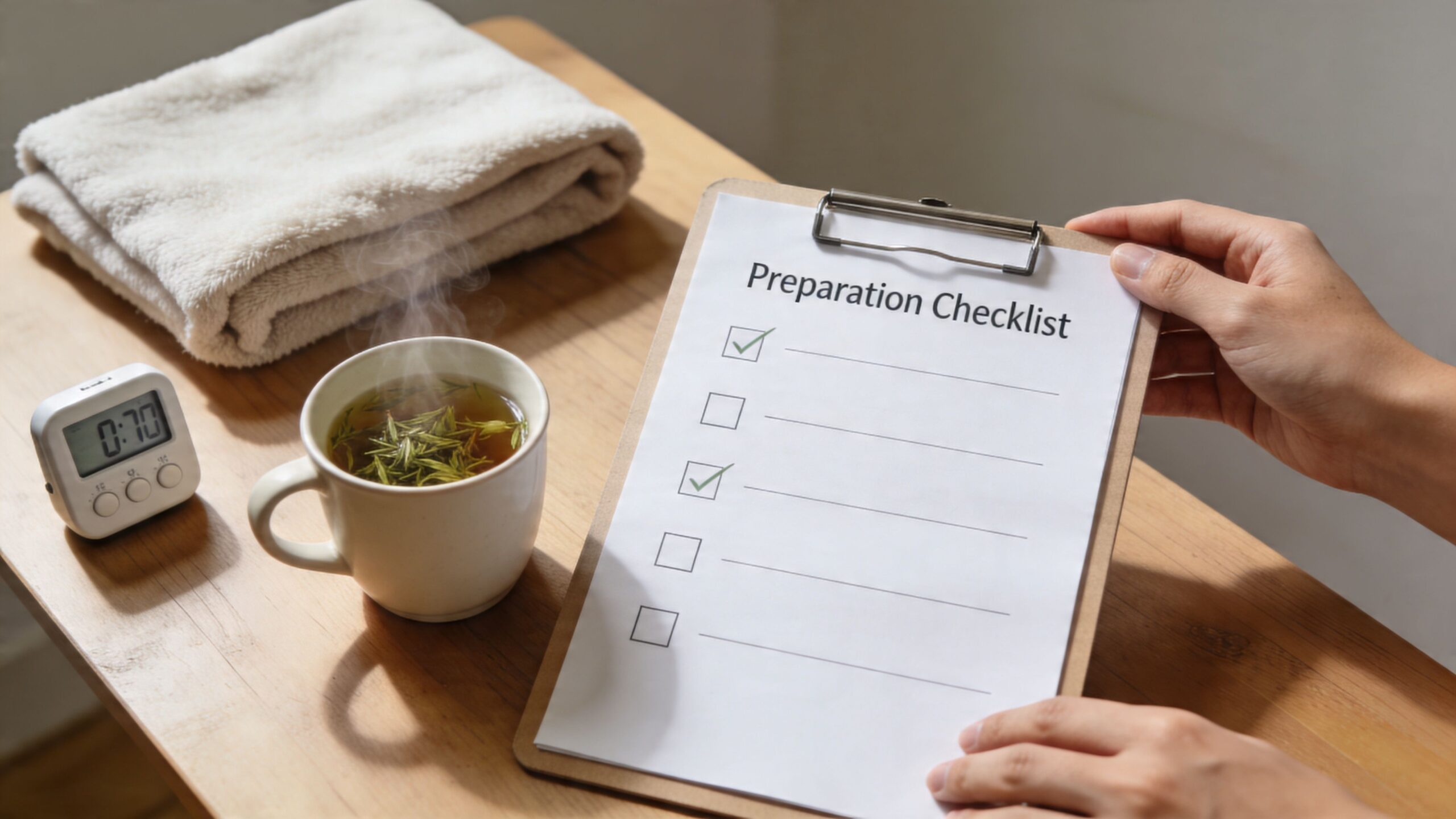 A person holding a preparation checklist clipboard next to a steaming cup of tea and towel.