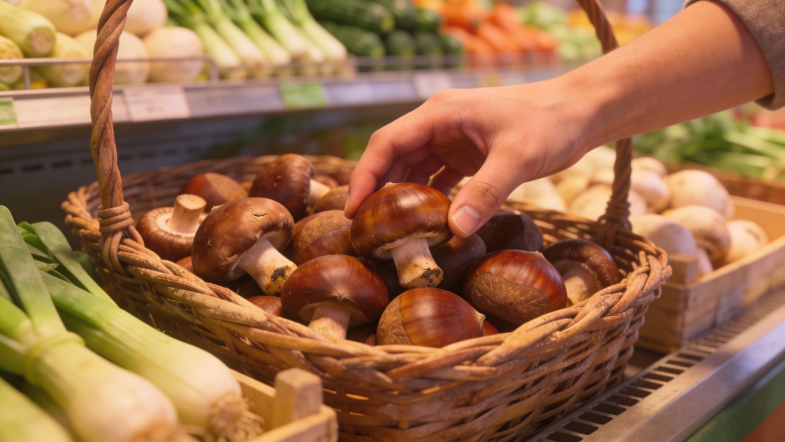 A hand picking up a fresh chestnut mushroom from a rustic wicker basket in a grocery store.