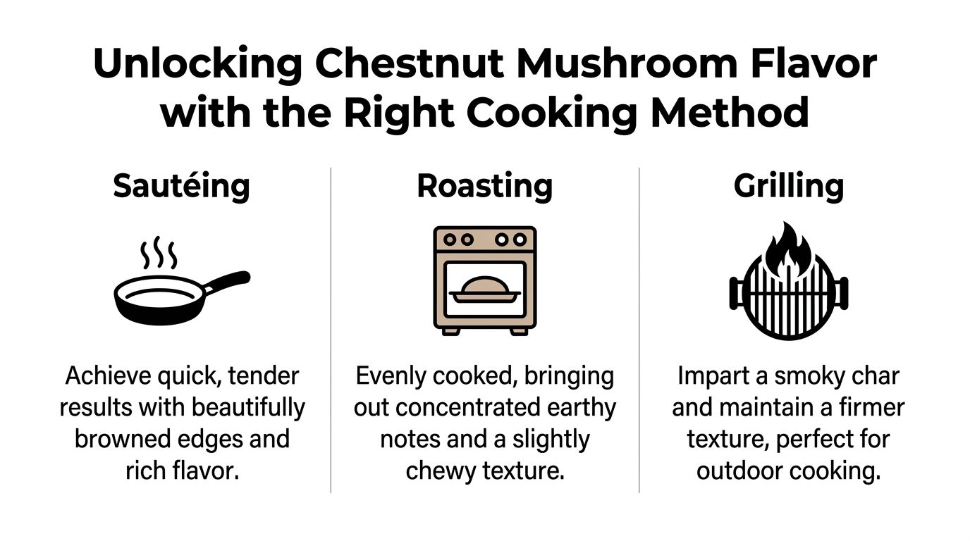 An infographic showing three cooking methods for chestnut mushrooms: sautéing, roasting, and grilling, with descriptions for each.