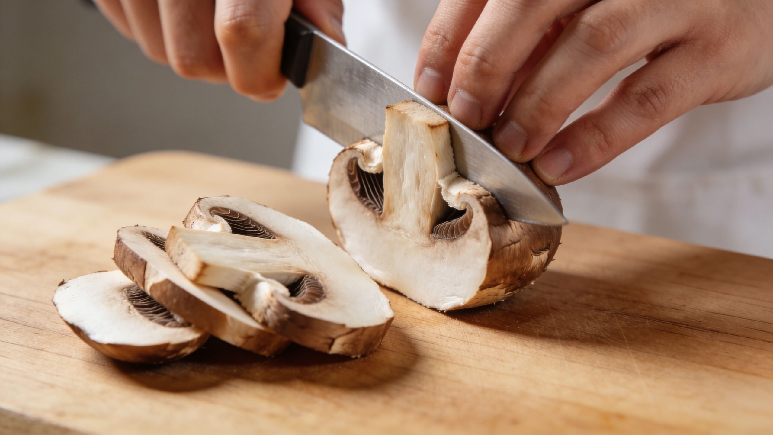 A professional chef carefully slicing a fresh chestnut mushroom on a wooden cutting board with a knife.