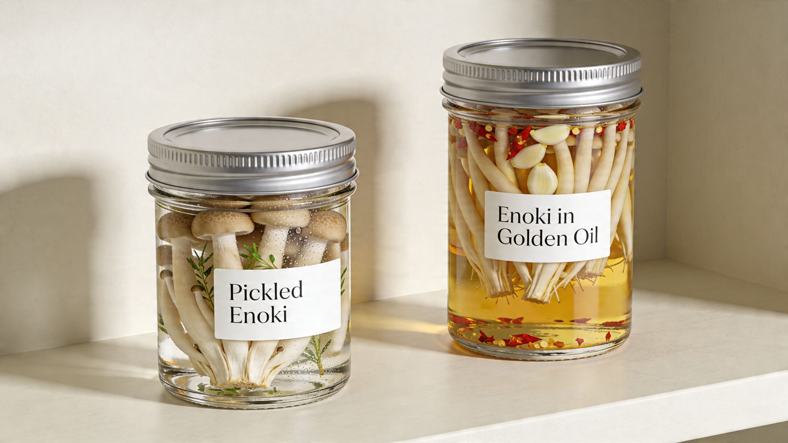 Two glass jars sitting on a shelf, one containing pickled enoki mushrooms and the other enoki in oil.