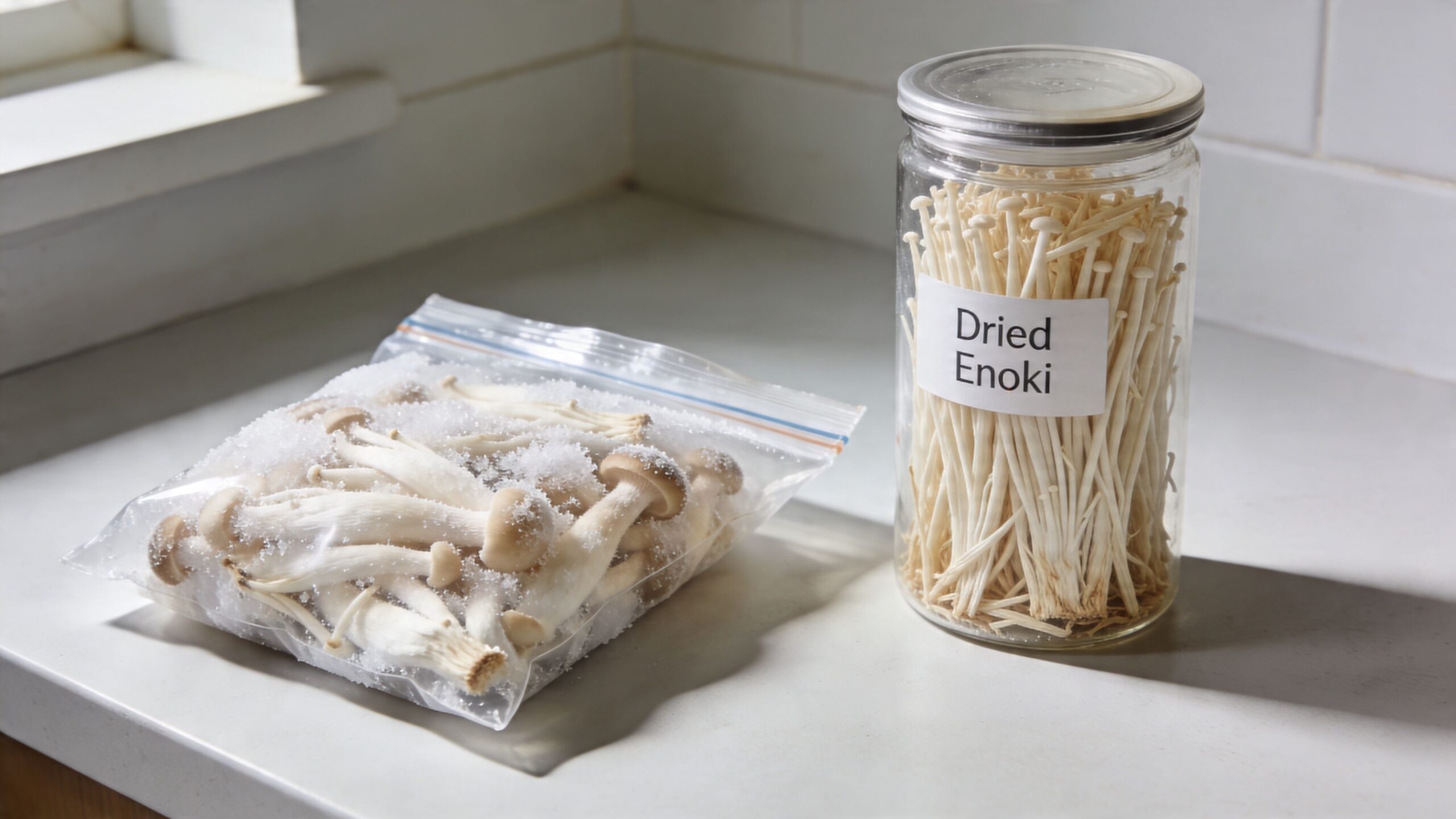 A plastic bag of frozen beech mushrooms next to a glass jar filled with dried enoki mushrooms.