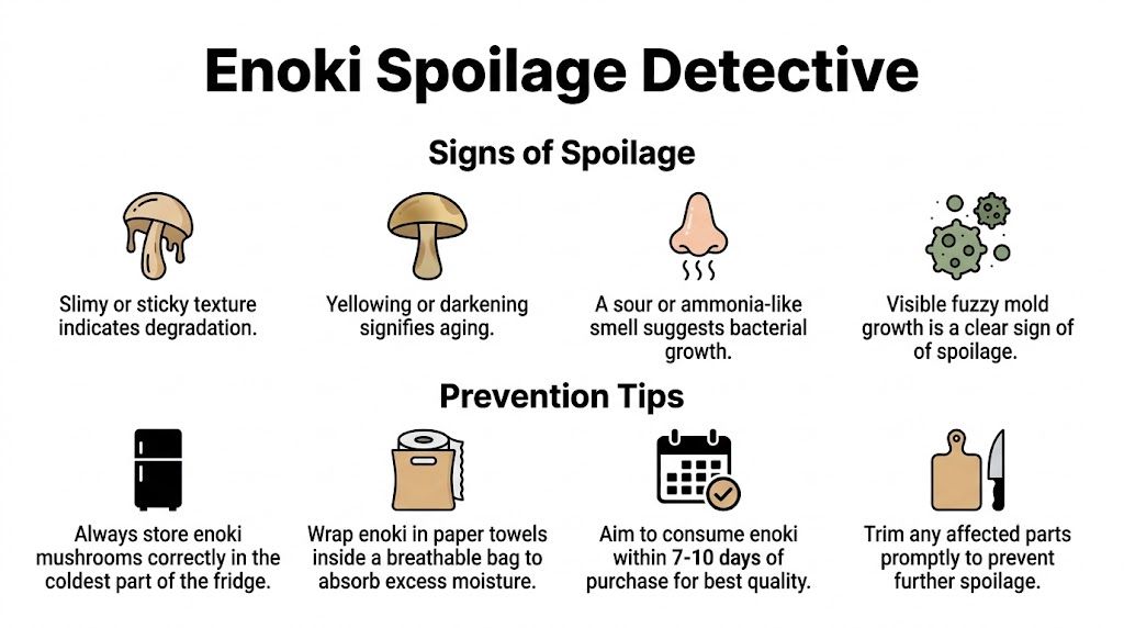 An infographic titled Enoki Spoilage Detective showing signs of spoilage and helpful tips for storing fresh mushrooms.