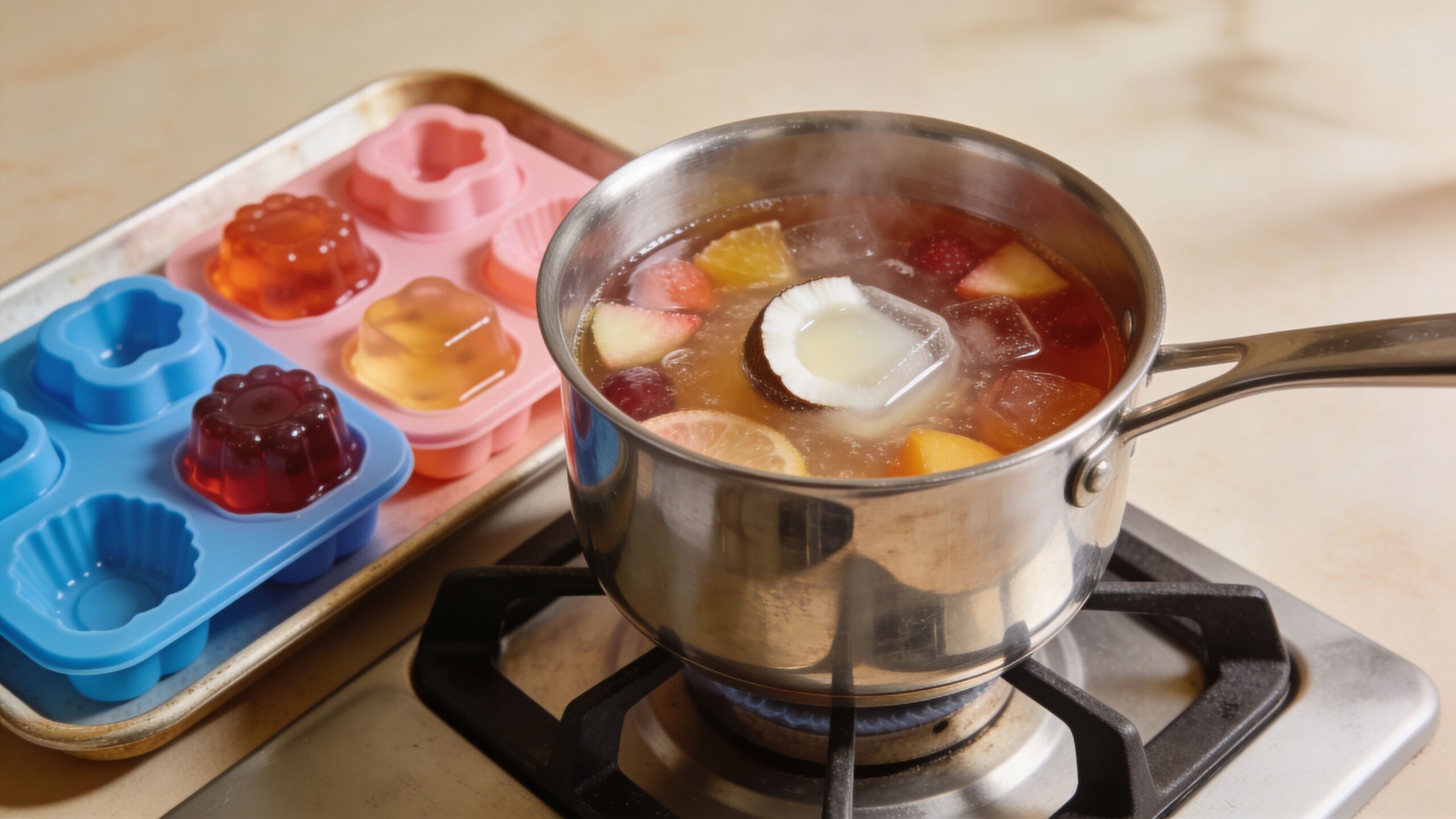 A saucepan of fruit-infused liquid with a coconut piece simmering on a stovetop next to jelly molds.