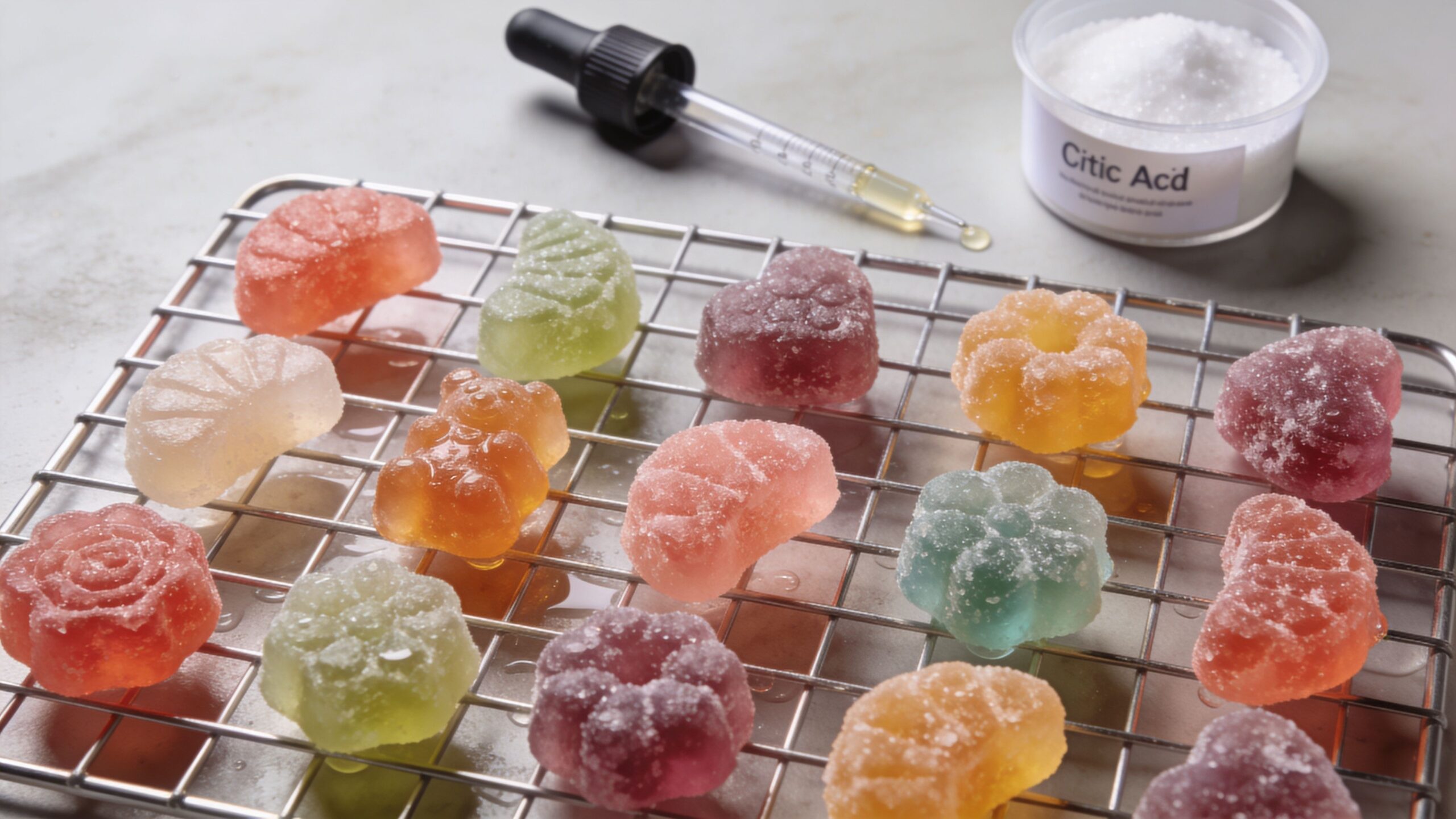 Assorted colorful fruit-shaped gummy candies sitting on a metal wire cooling rack next to a citric acid container.