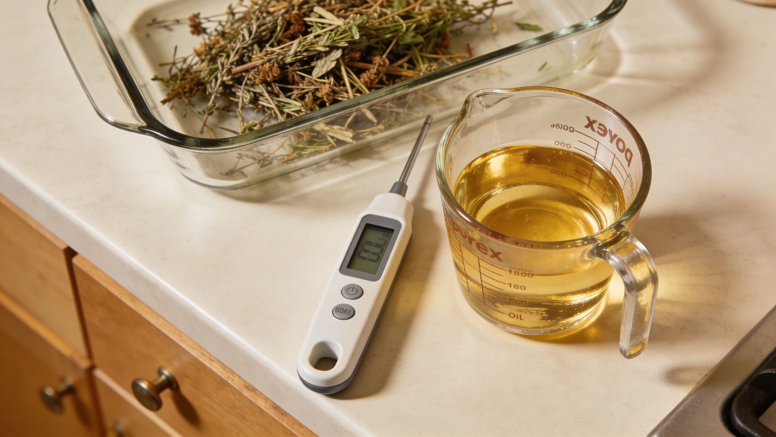 A glass baking dish with dried herbs, a digital thermometer, and a measuring cup with oil.