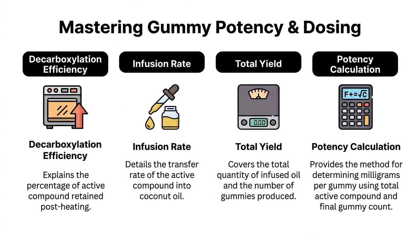 An educational infographic outlining the four key steps for mastering gummy potency, infusion, yield, and calculation.