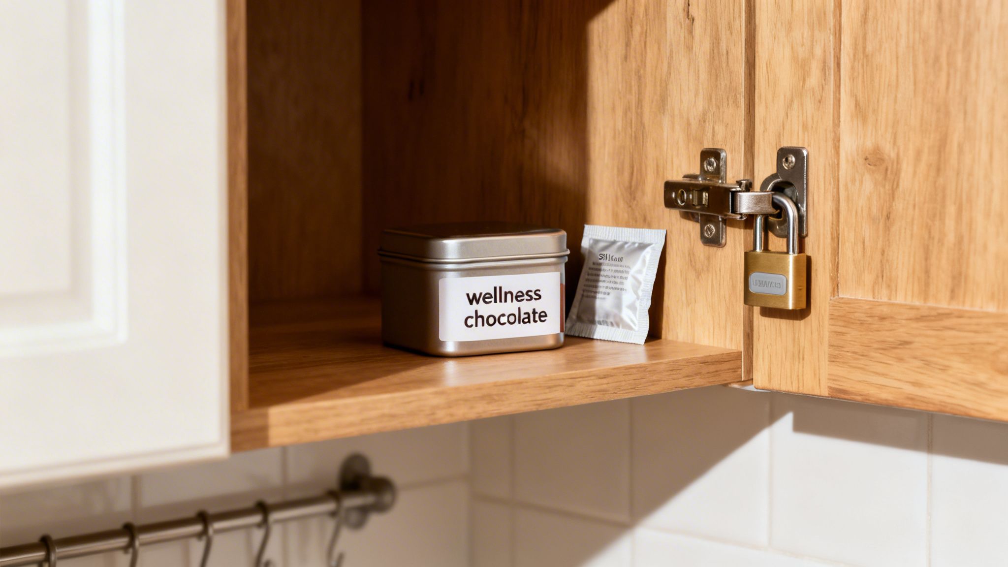 An open wooden kitchen cabinet containing a tin labeled 'wellness chocolate' and a small silver sachet, with the cabinet door secured by a brass padlock.