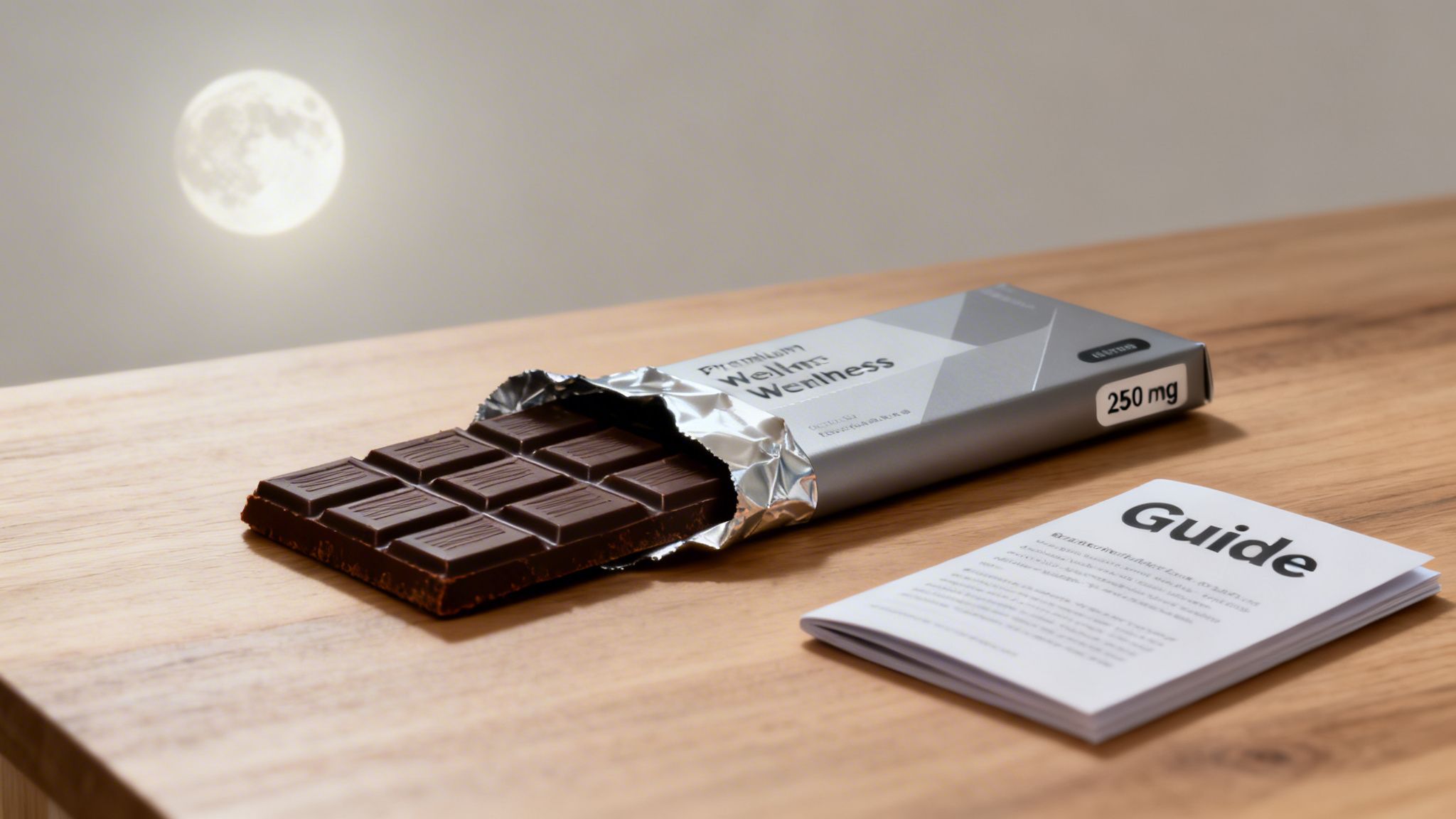 A premium wellness chocolate bar with a silver wrapper and a '250 mg' label on a wooden table, with a moon in the background and a guide.