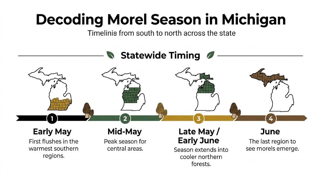 A map showing the timeline of morel mushroom foraging seasons across different regions of Michigan.