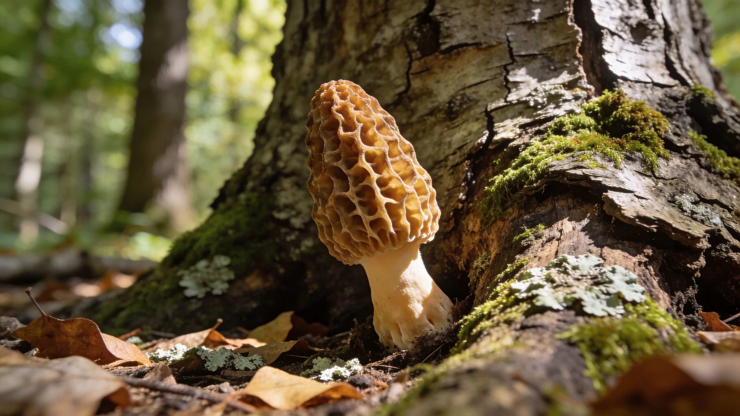 A fresh wild morel mushroom growing at the base of a mossy tree in the forest
