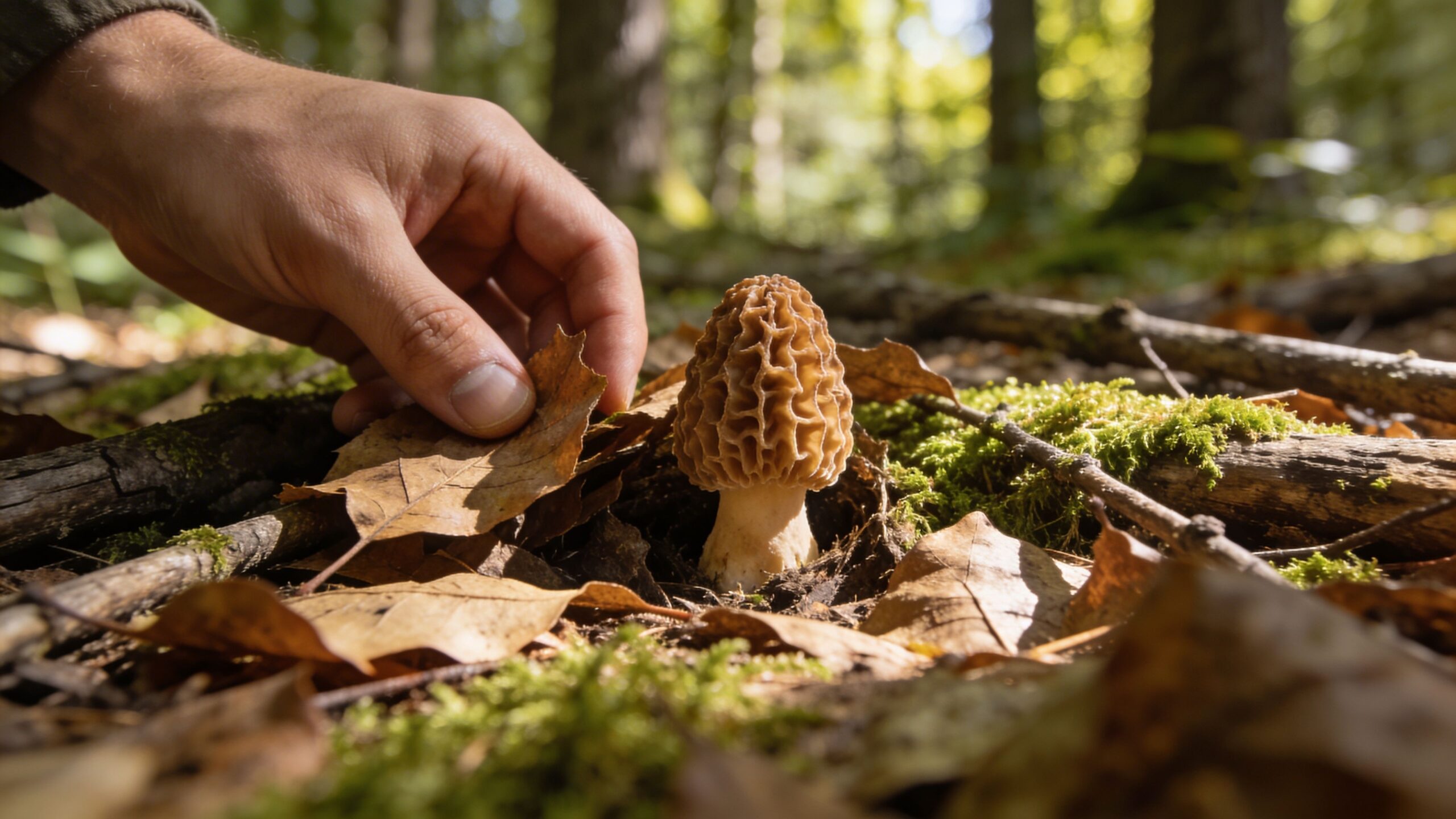 A person's hand reaches to touch a wild morel mushroom growing on the mossy forest floor