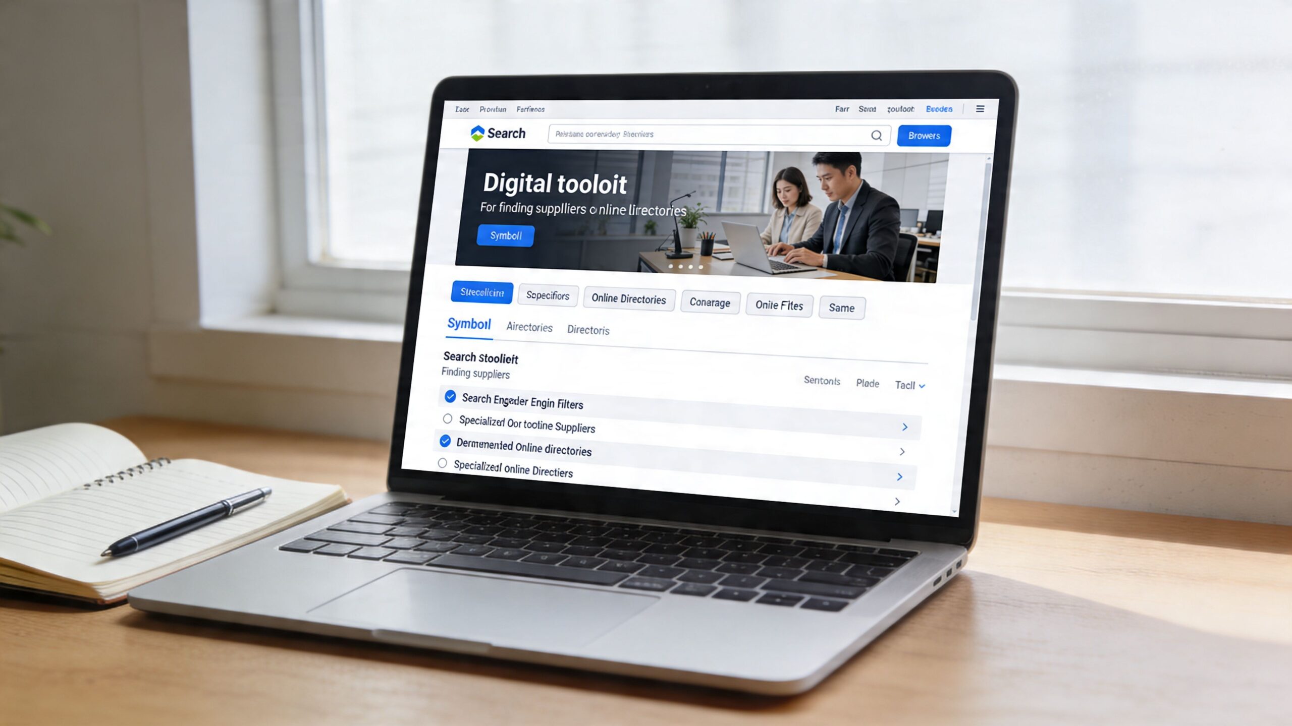 A modern laptop displaying a digital business directory search engine on a wooden desk near a window.