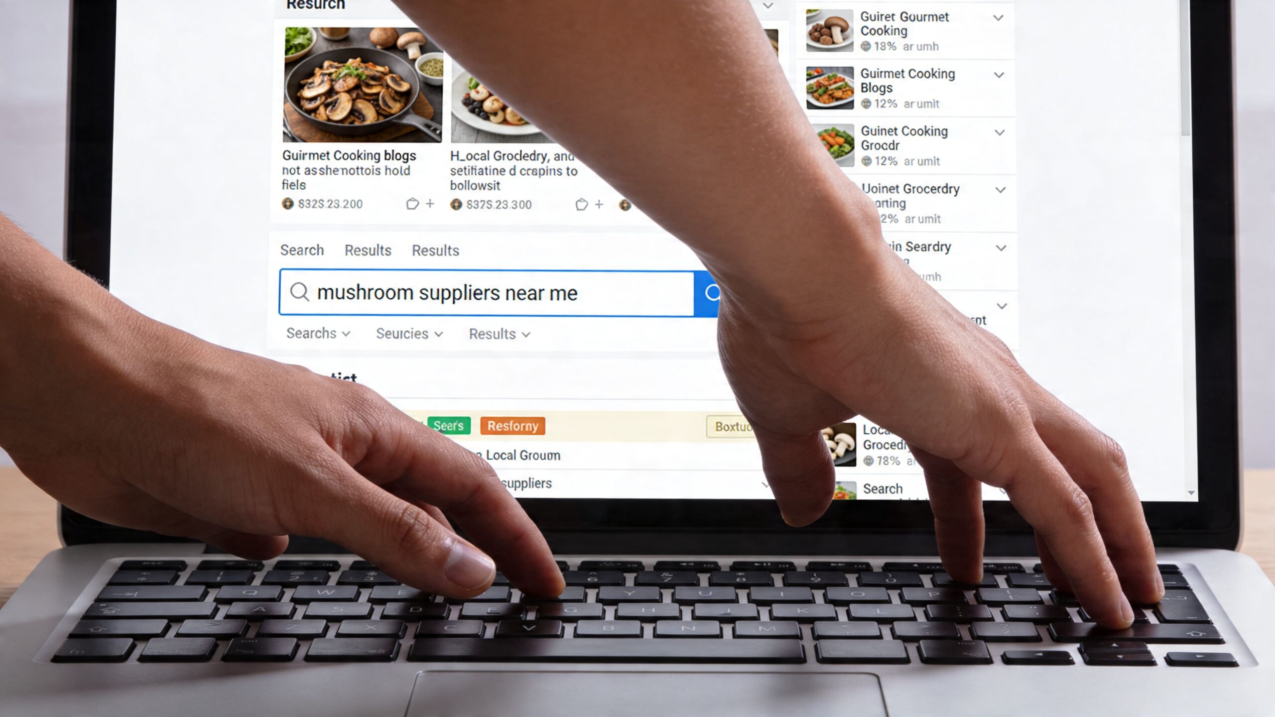 A close-up view of hands typing on a laptop searching for mushroom suppliers near me online.