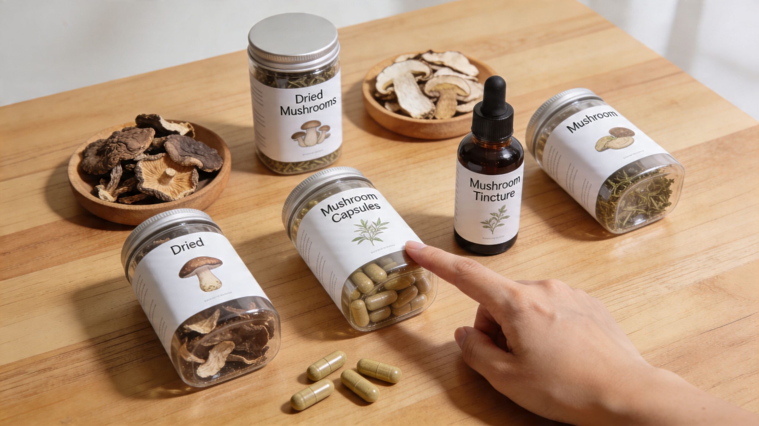 A hand pointing to a jar of mushroom capsules surrounded by other mushroom supplements and dried mushrooms.