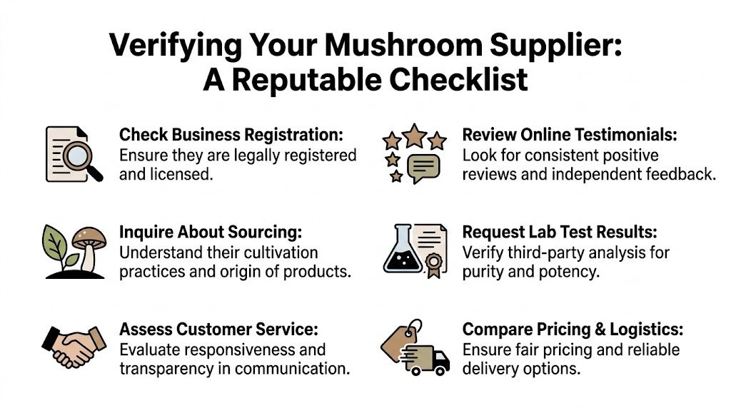 A checklist infographic titled Verifying Your Mushroom Supplier, outlining six steps to evaluate reputable business practices.