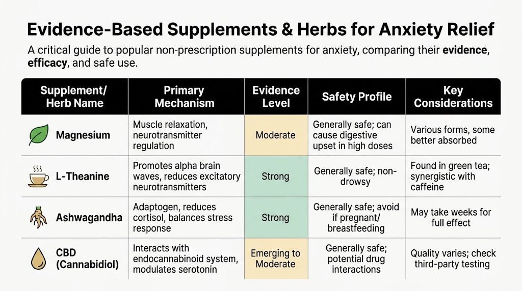 A table comparing evidence, safety, and mechanisms of natural supplements for anxiety relief including magnesium and ashwagandha.