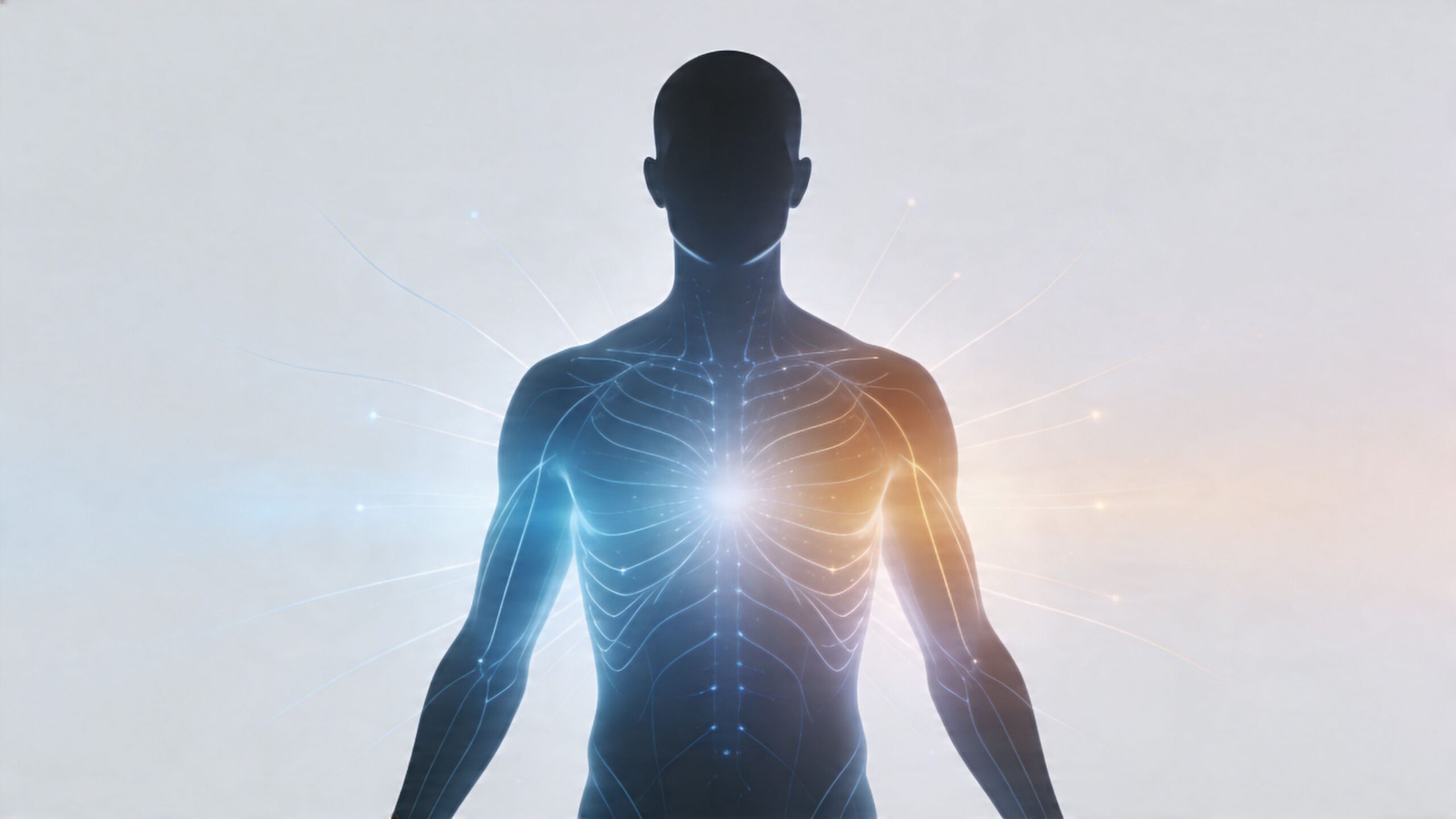 A digital silhouette of a human torso featuring a glowing central energy point and nervous system lines.