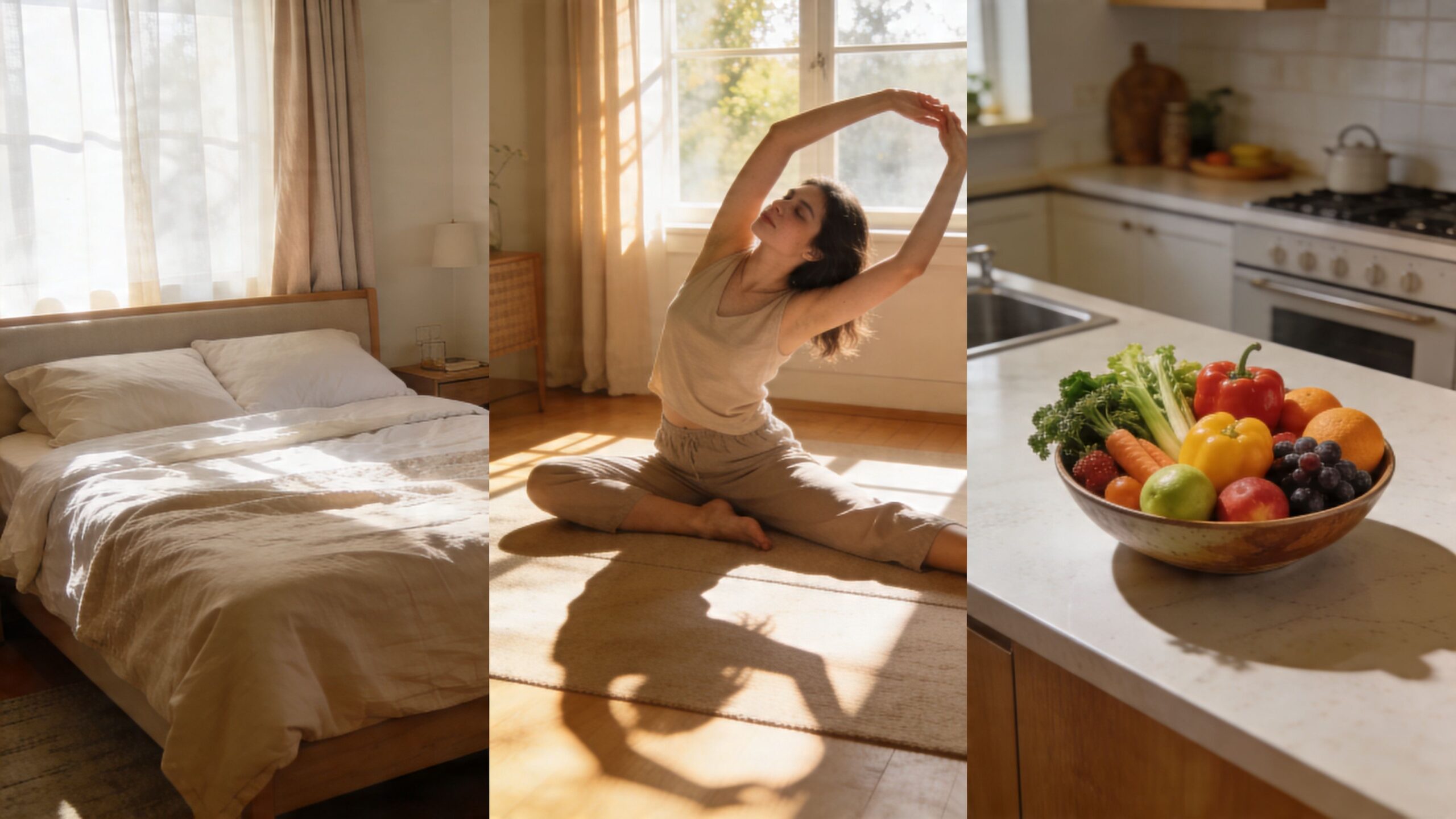 A lifestyle collage showing a cozy bedroom, a woman practicing yoga, and a bowl of fresh fruit.