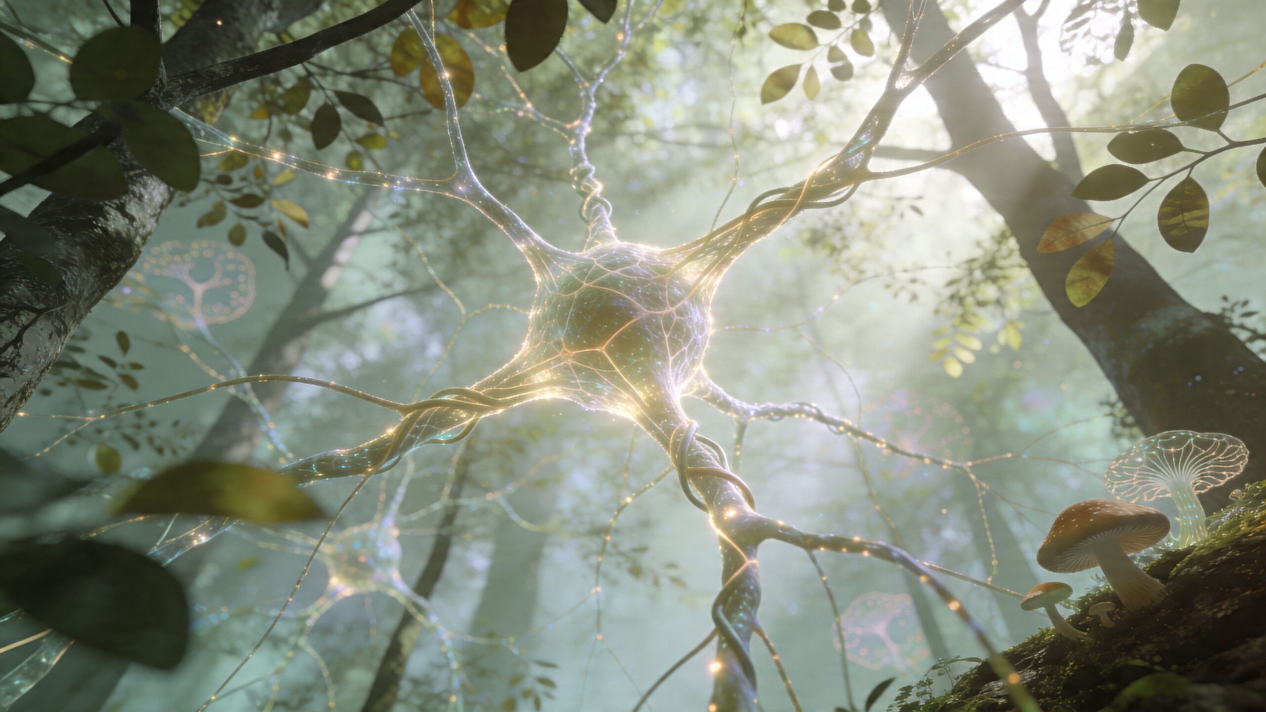 A glowing neuron cell floating in a misty forest, connecting biology and nature conceptually.