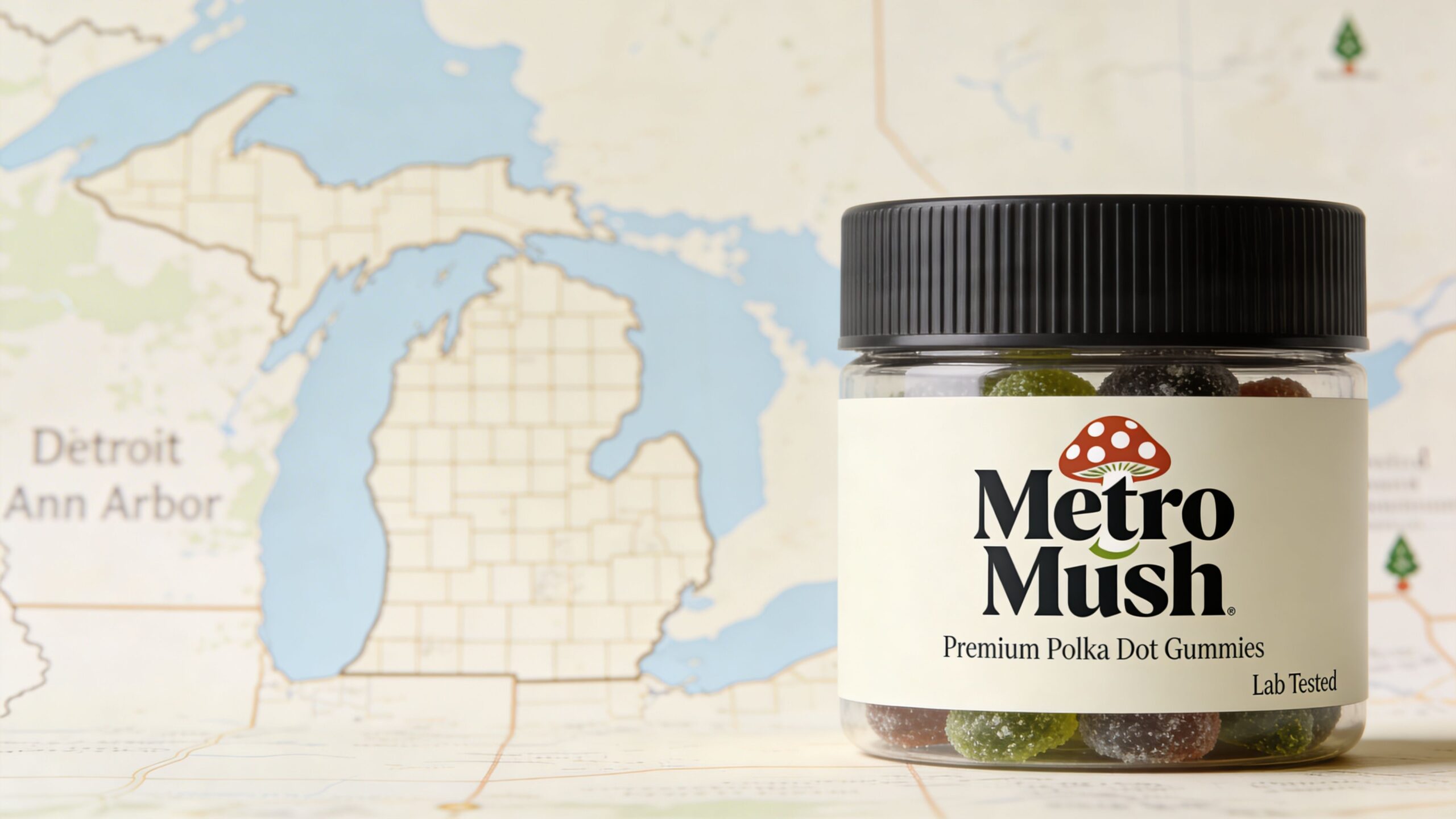 A jar of Metro Mush premium polka dot mushroom gummies sitting on a map of Michigan.