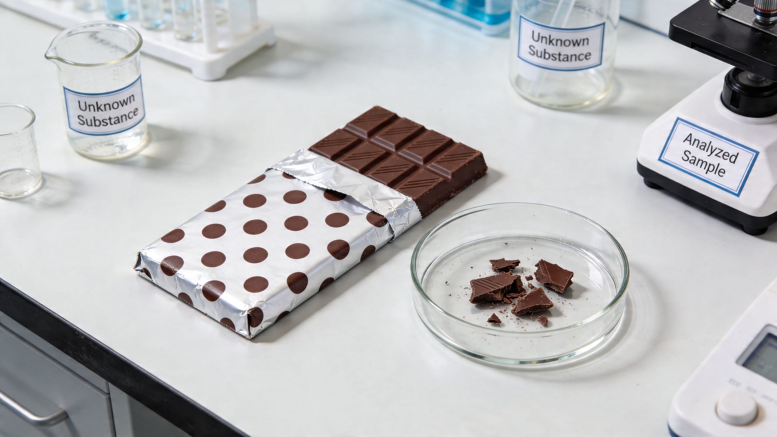 A polka dot foil wrapped chocolate bar sits on a laboratory table next to broken chocolate pieces.