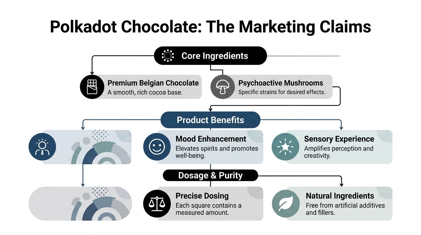 A diagram illustrating the marketing claims for Polkadot mushroom chocolate, highlighting core ingredients, benefits, and quality control.