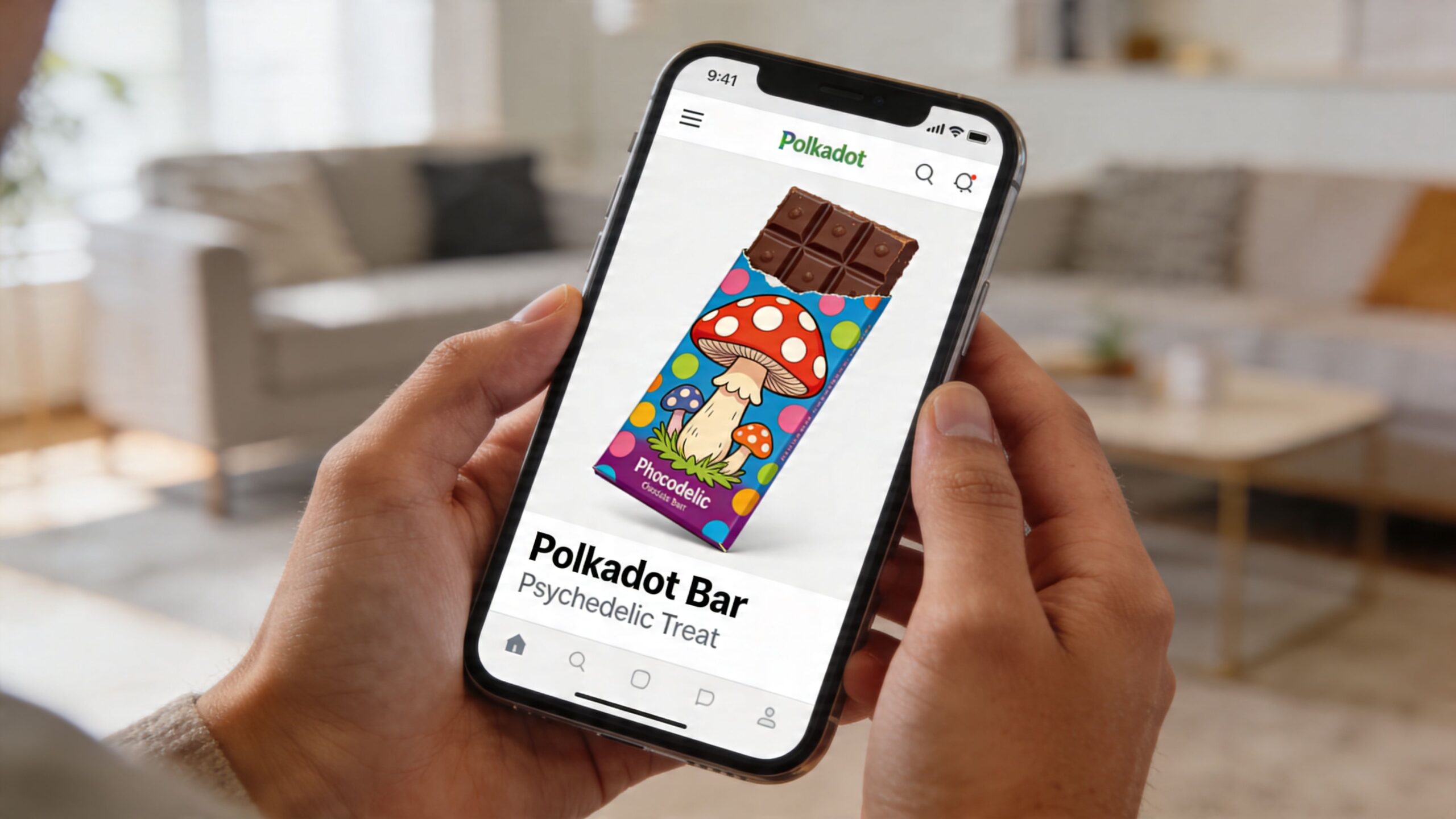 A person holds a smartphone displaying a Polkadot mushroom chocolate bar on a product page.