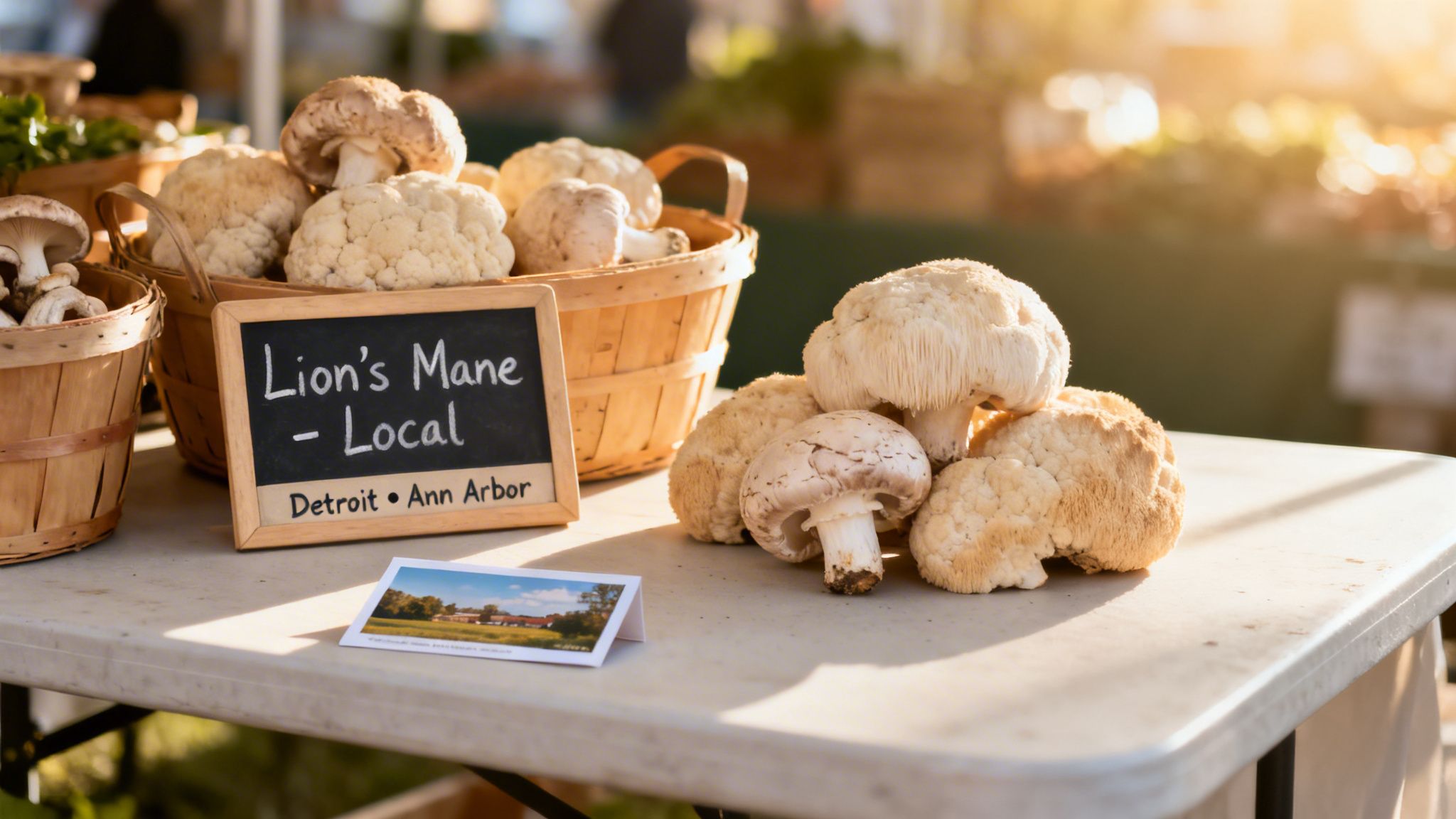 A farmers market stall features fresh lion's mane mushrooms, other fungi, and cauliflower with a local sign.