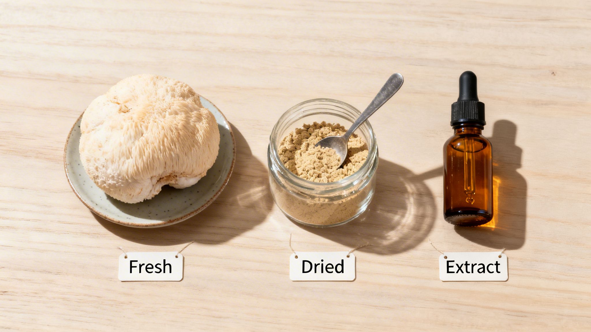 Fresh Lion's Mane mushroom, dried powder, and liquid extract in a dropper bottle on a wooden table.