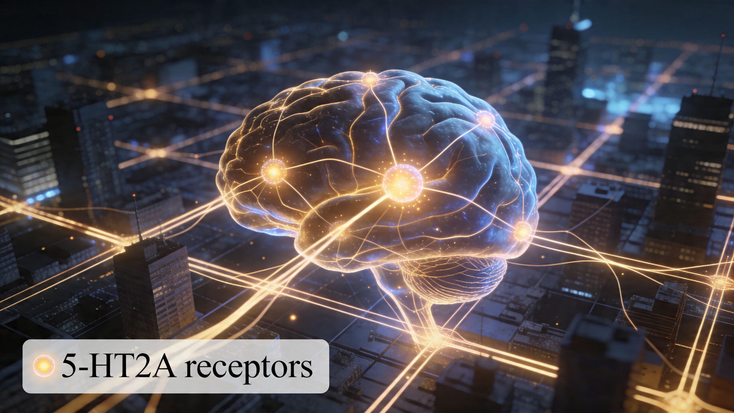 A digital illustration of a glowing human brain connected to a futuristic city grid with 5-HT2A receptors.