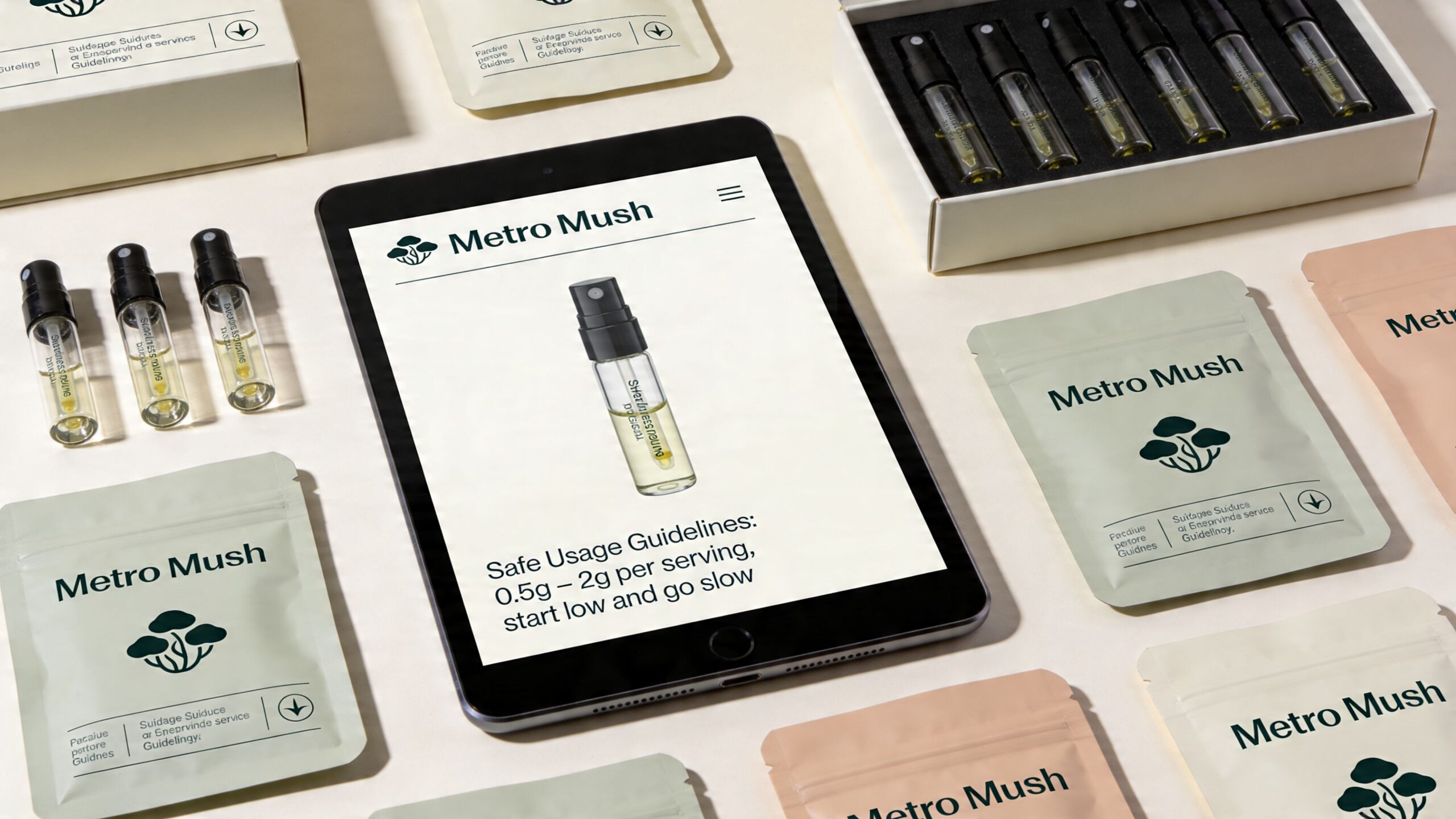 A digital tablet displaying psilocybin dosage guidelines surrounded by various mushroom-based product packaging and sample vials.