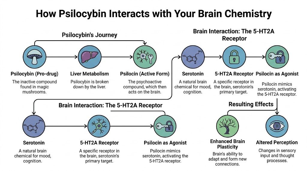 A diagram illustrating the biological process of how psilocybin is metabolized and interacts with serotonin receptors in the brain.
