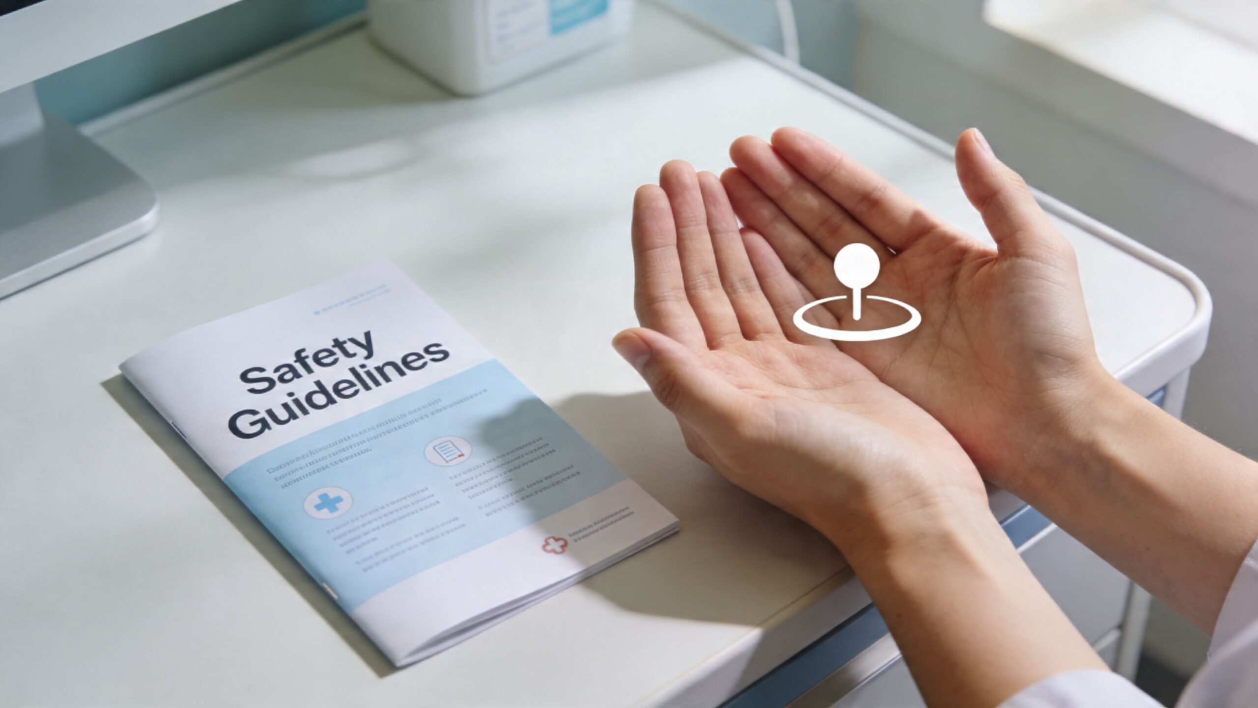 A pair of hands open over a desk next to a medical safety guidelines brochure