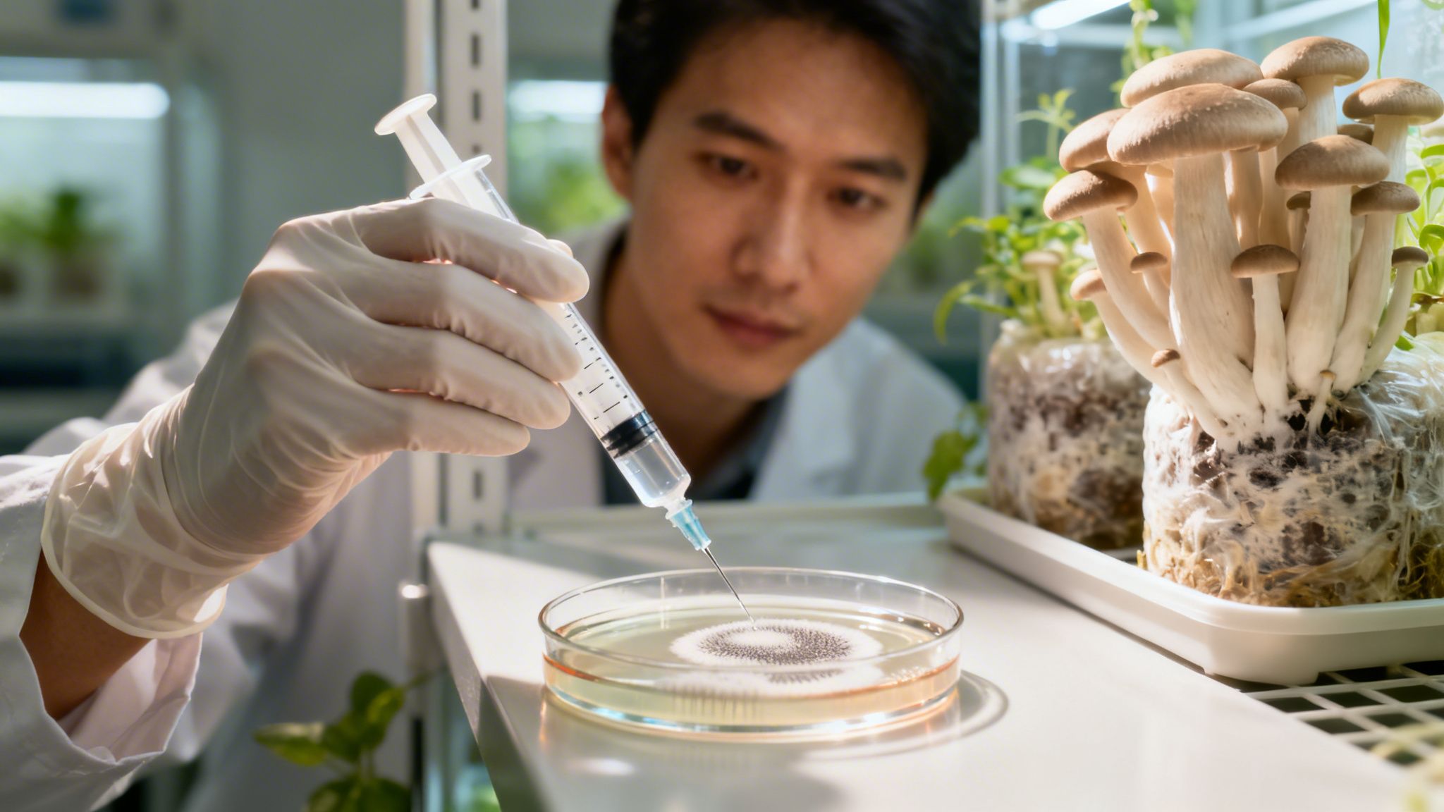 A scientist in a lab using a syringe to inject substances into a petri dish containing mushrooms.