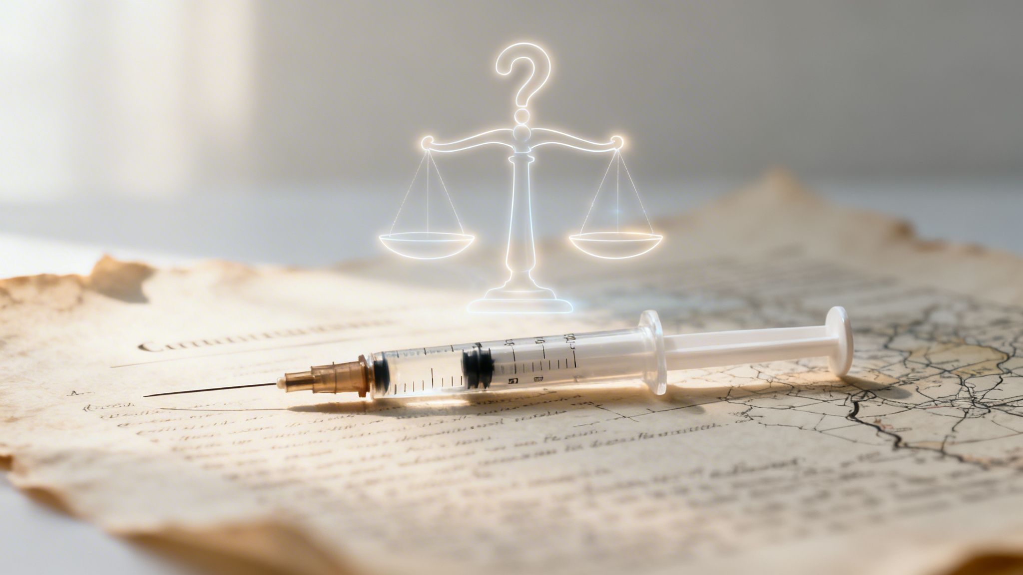 A medical syringe placed on an antique map with a glowing legal scale and question mark icon.