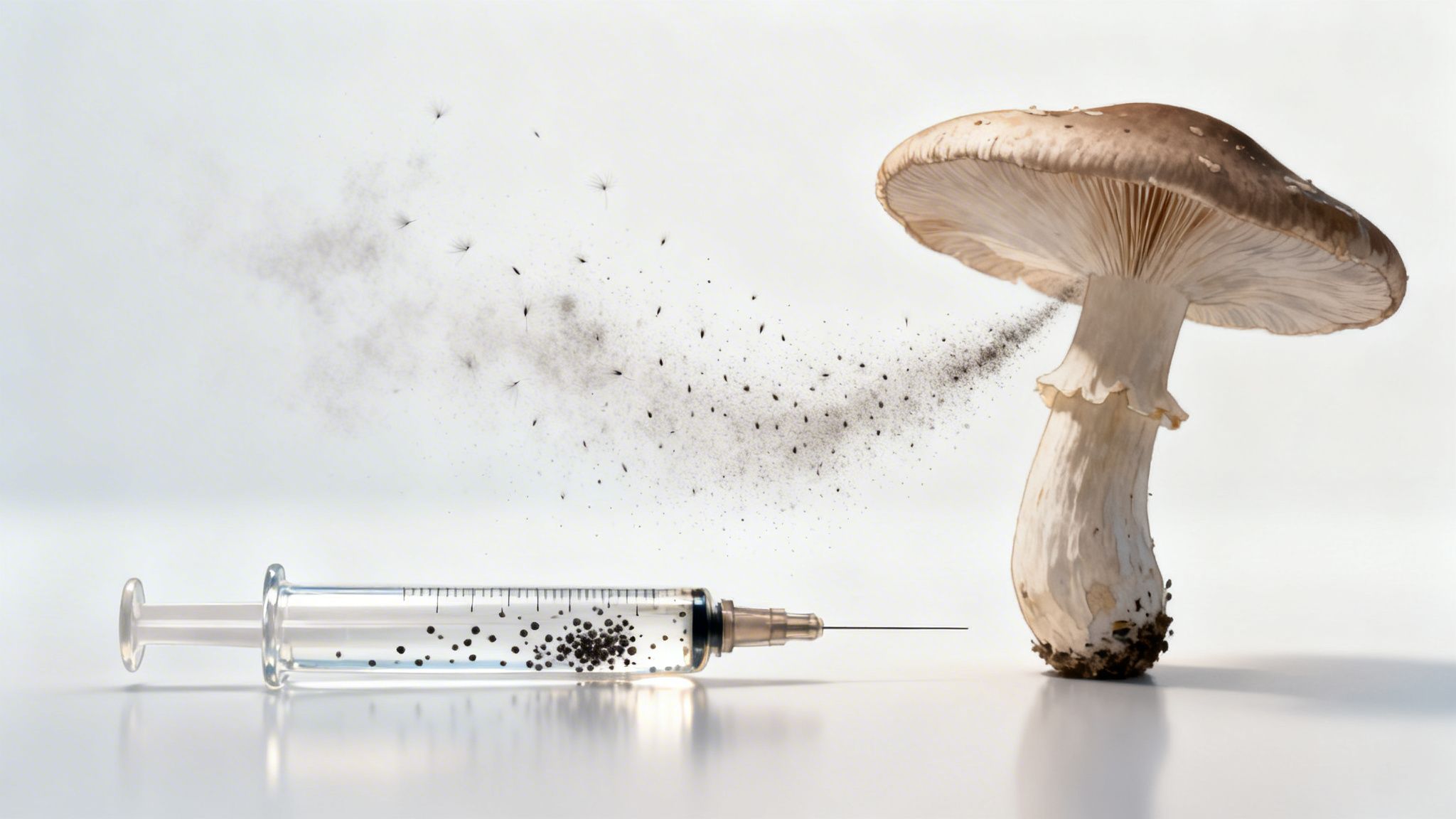 A mushroom releasing spores in the direction of a medical syringe containing black particles on white background.