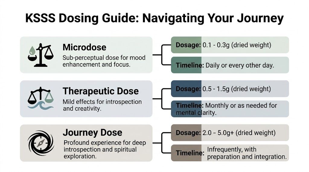 A KSSS dosing guide chart showing microdose, therapeutic, and journey dose recommendations for psilocybin mushrooms.