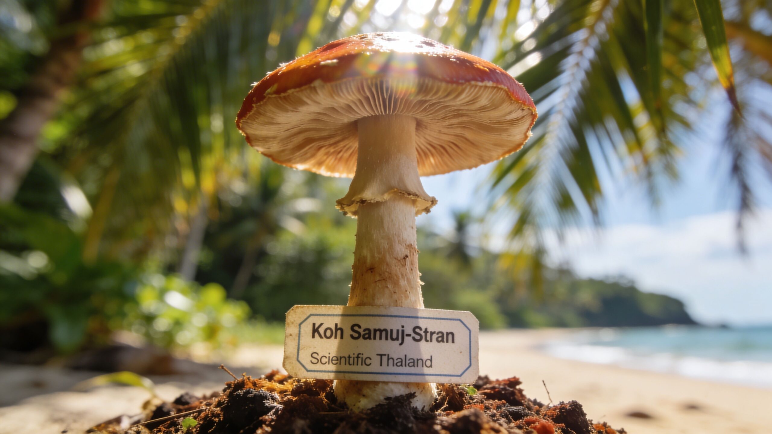 A close-up view of a red-capped mushroom growing on a beach with a sign labeled Koh Samuj-Stran.