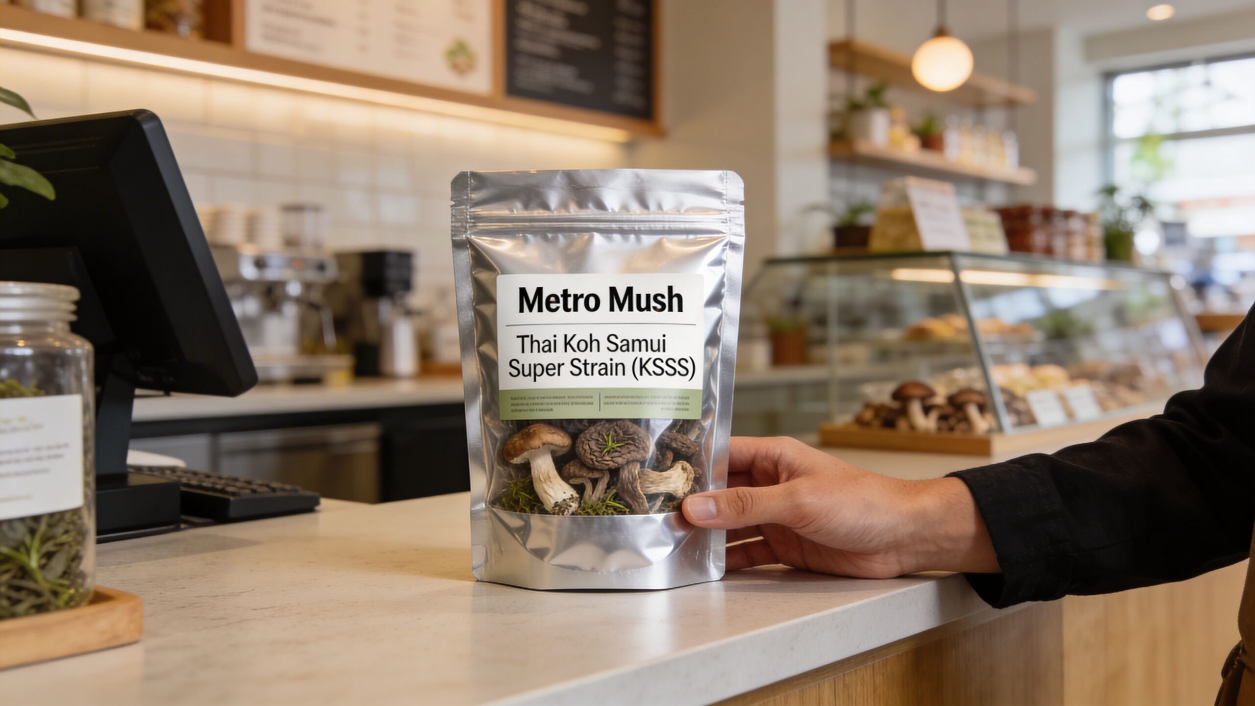 A person holding a silver pouch of dried Thai Koh Samui Super Strain mushrooms on a counter.
