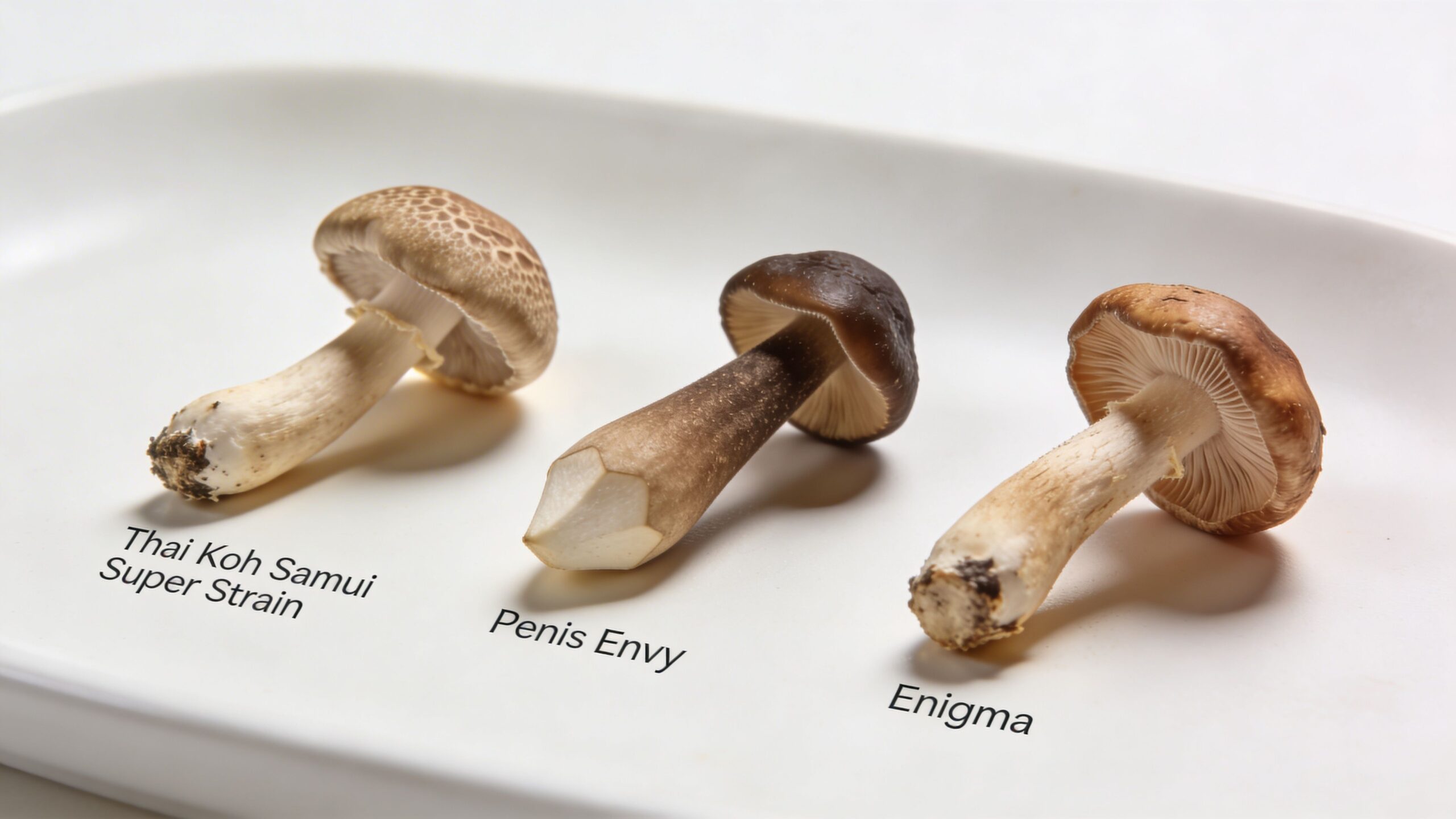 Three different mushroom varieties labeled Thai Koh Samui Super Strain, Penis Envy, and Enigma on a white plate.