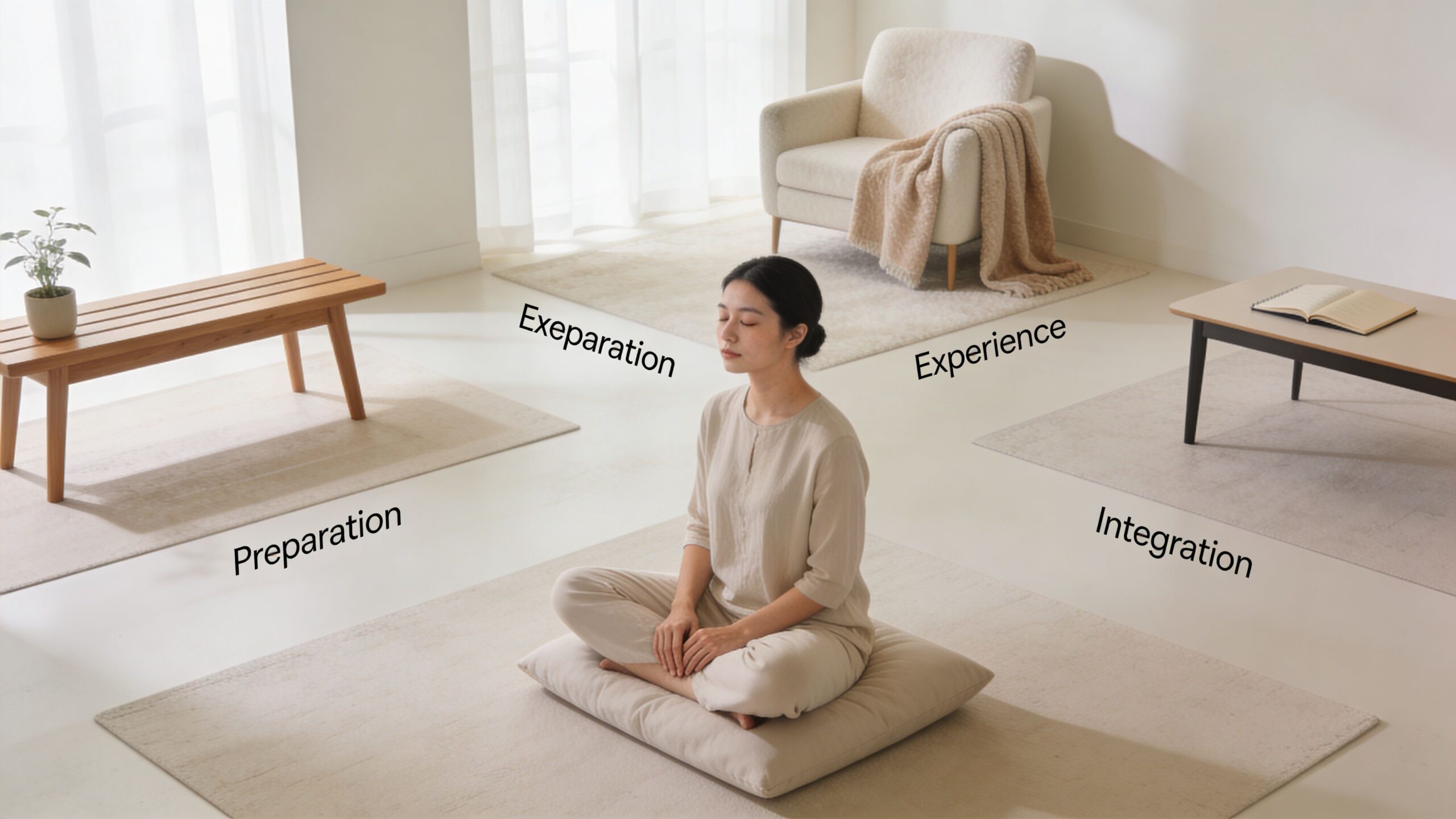 A woman meditating on a cushion in a minimalist room representing the four stages of psychedelic therapy.