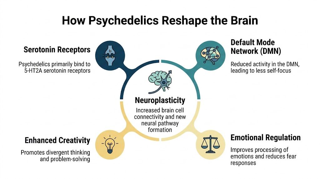 An infographic diagram illustrating how psychedelics impact the brain through neuroplasticity, receptors, and emotional regulation processes.