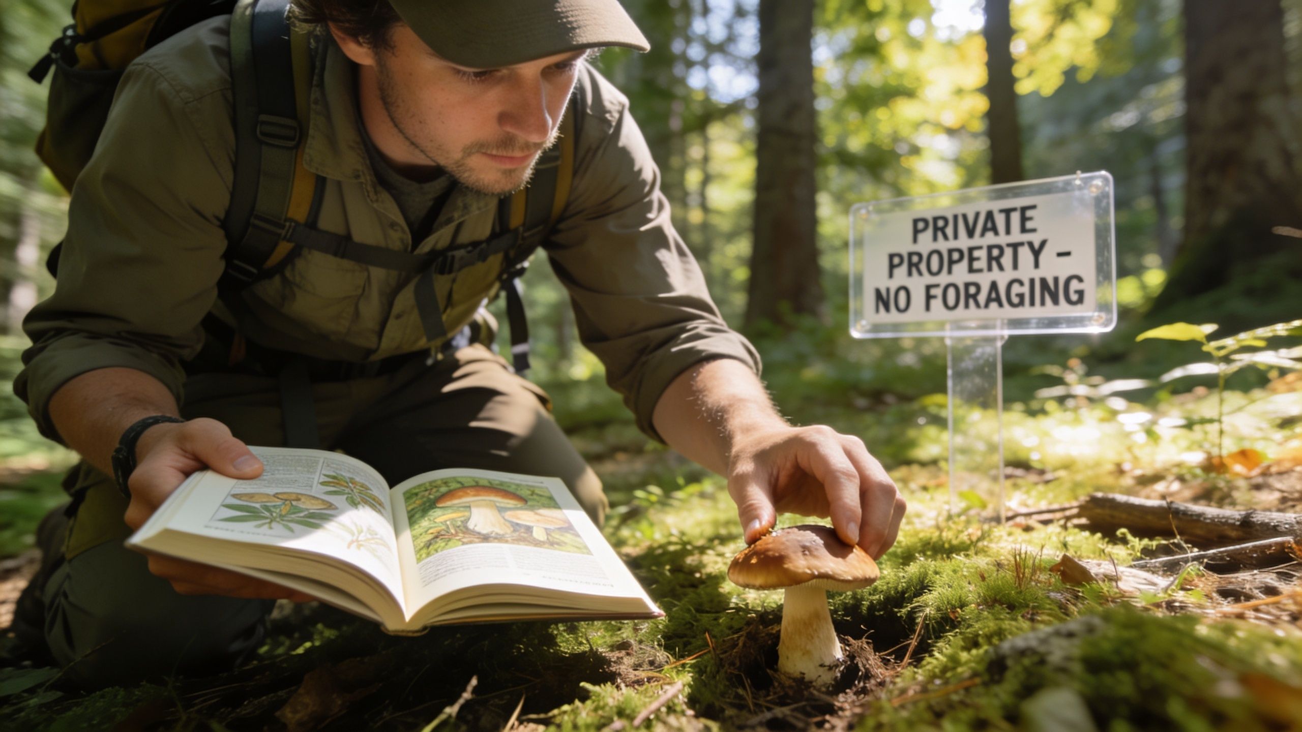 A man studying a mushroom in a forest while kneeling next to a private property sign.