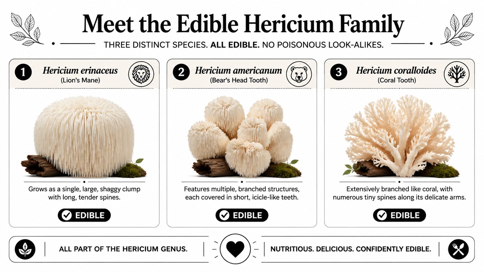 An educational infographic showing three edible Hericium mushroom species, including Lion's Mane, Bear's Head, and Coral Tooth.