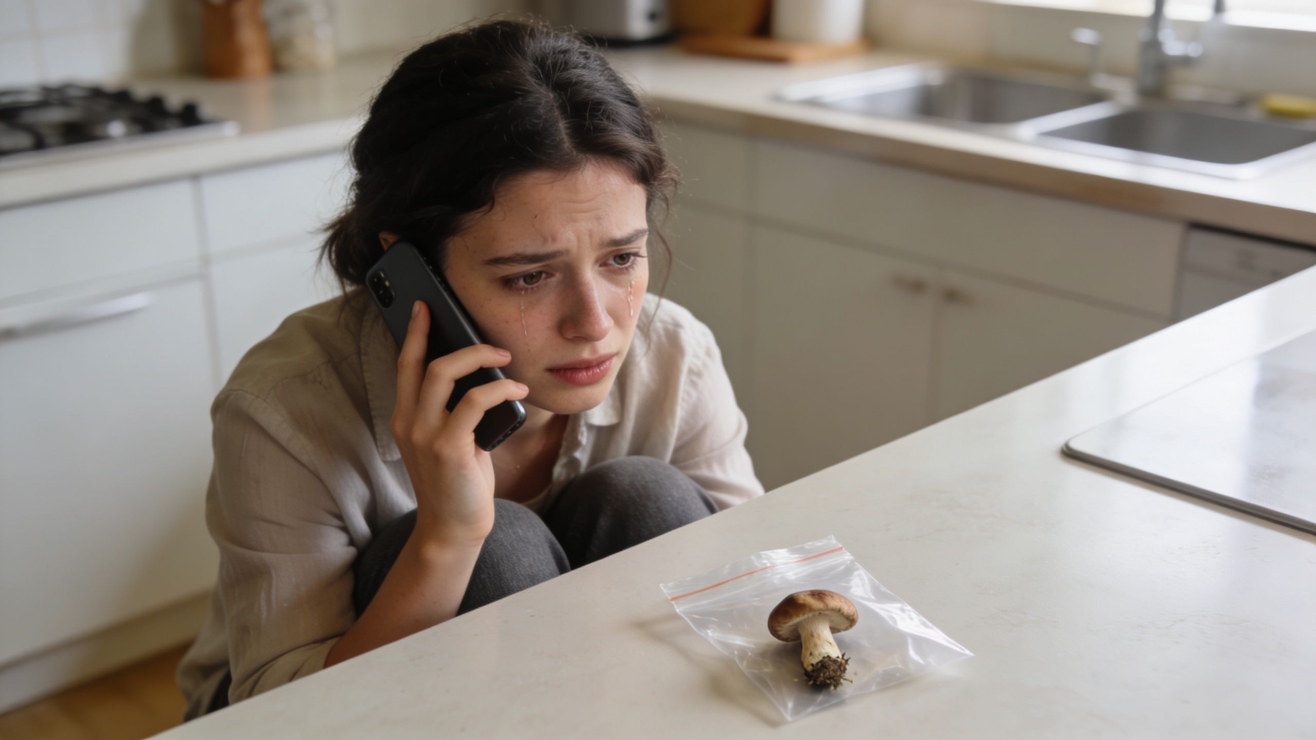 A distressed young woman crying while talking on her phone next to a single wild mushroom.