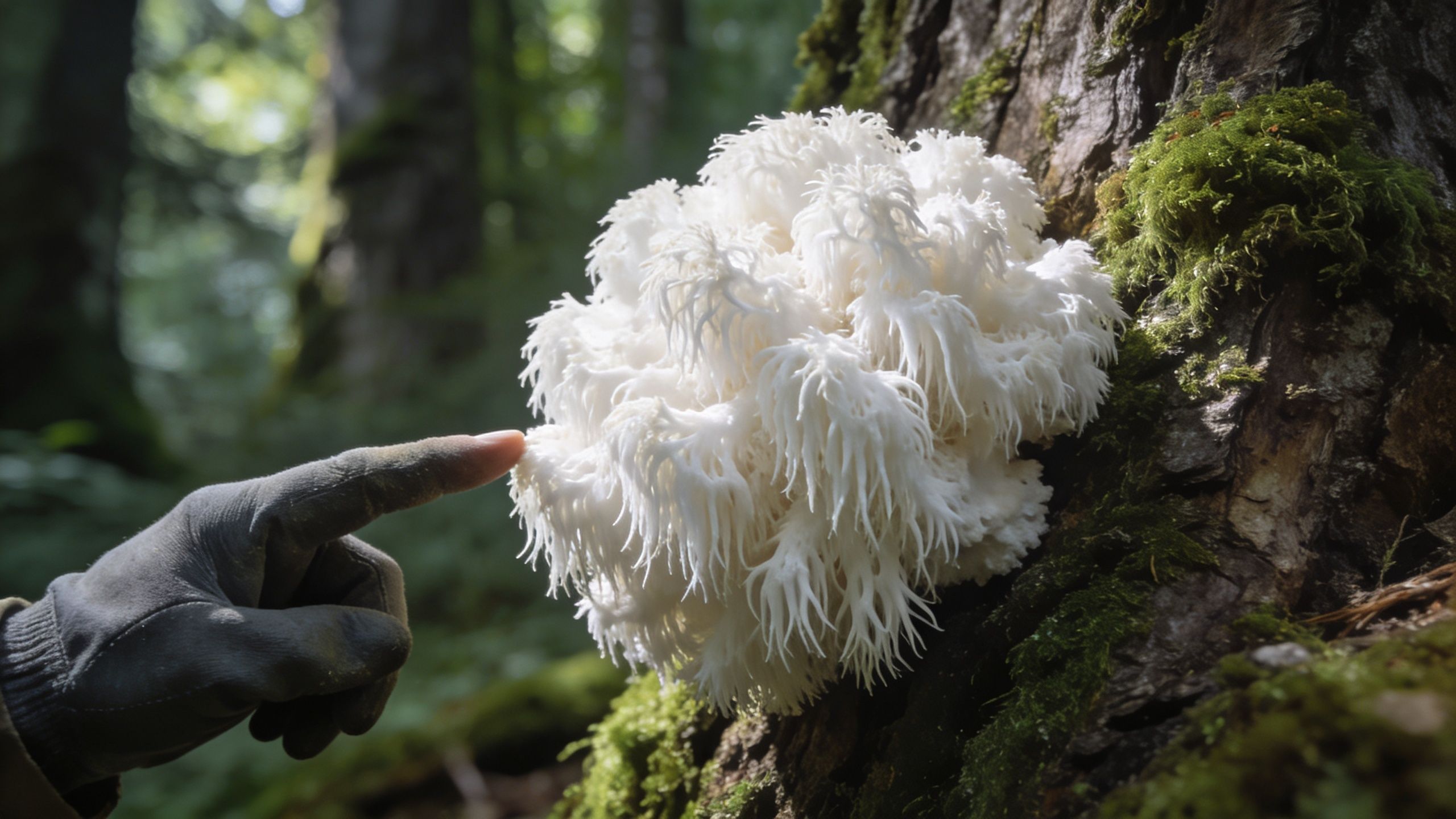 A person wearing a glove touching a white, shaggy-looking Lion's Mane mushroom growing on a tree trunk.